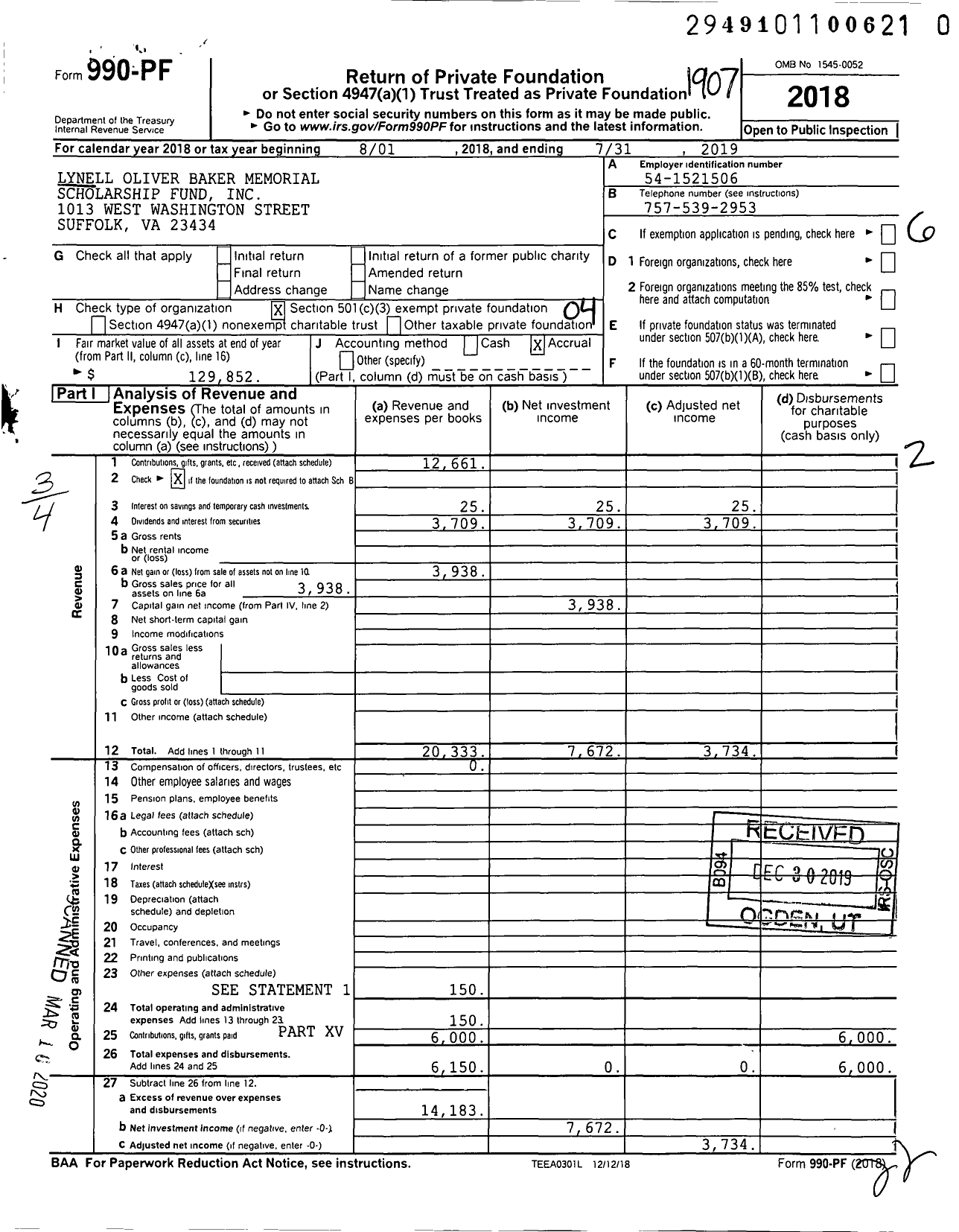 Image of first page of 2018 Form 990PR for Lynell Oliver Baker Memorial Scholarship Fund