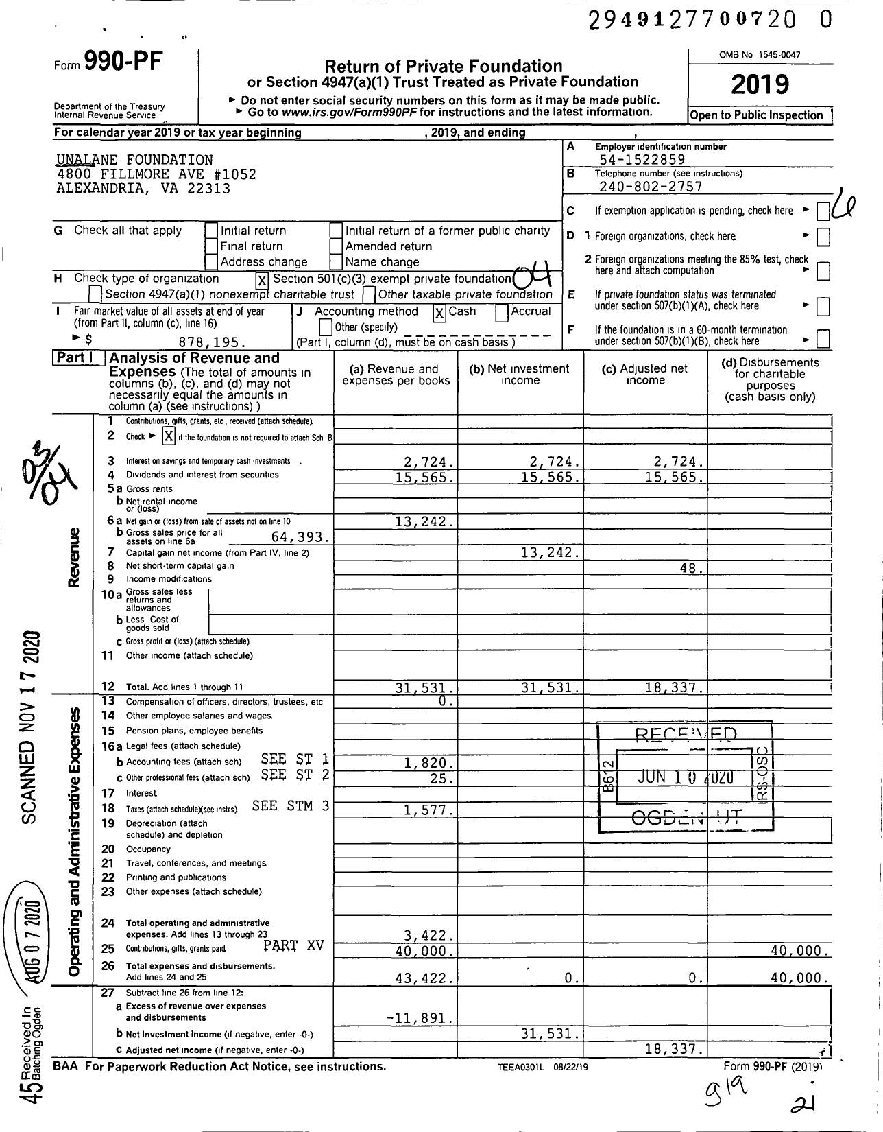 Image of first page of 2019 Form 990PF for Unalane Foundation