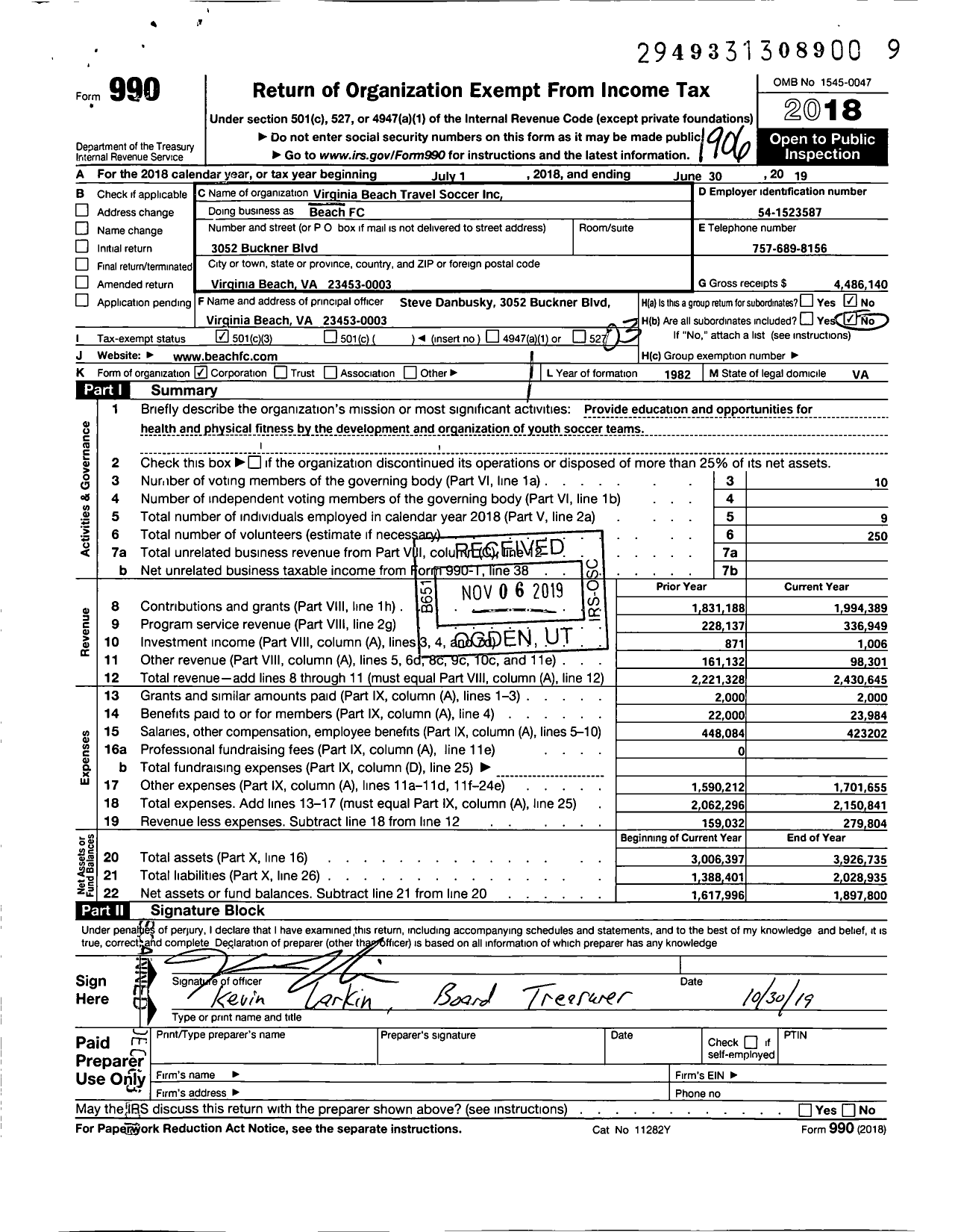 Image of first page of 2018 Form 990 for Virgina Beach Travel Soccer