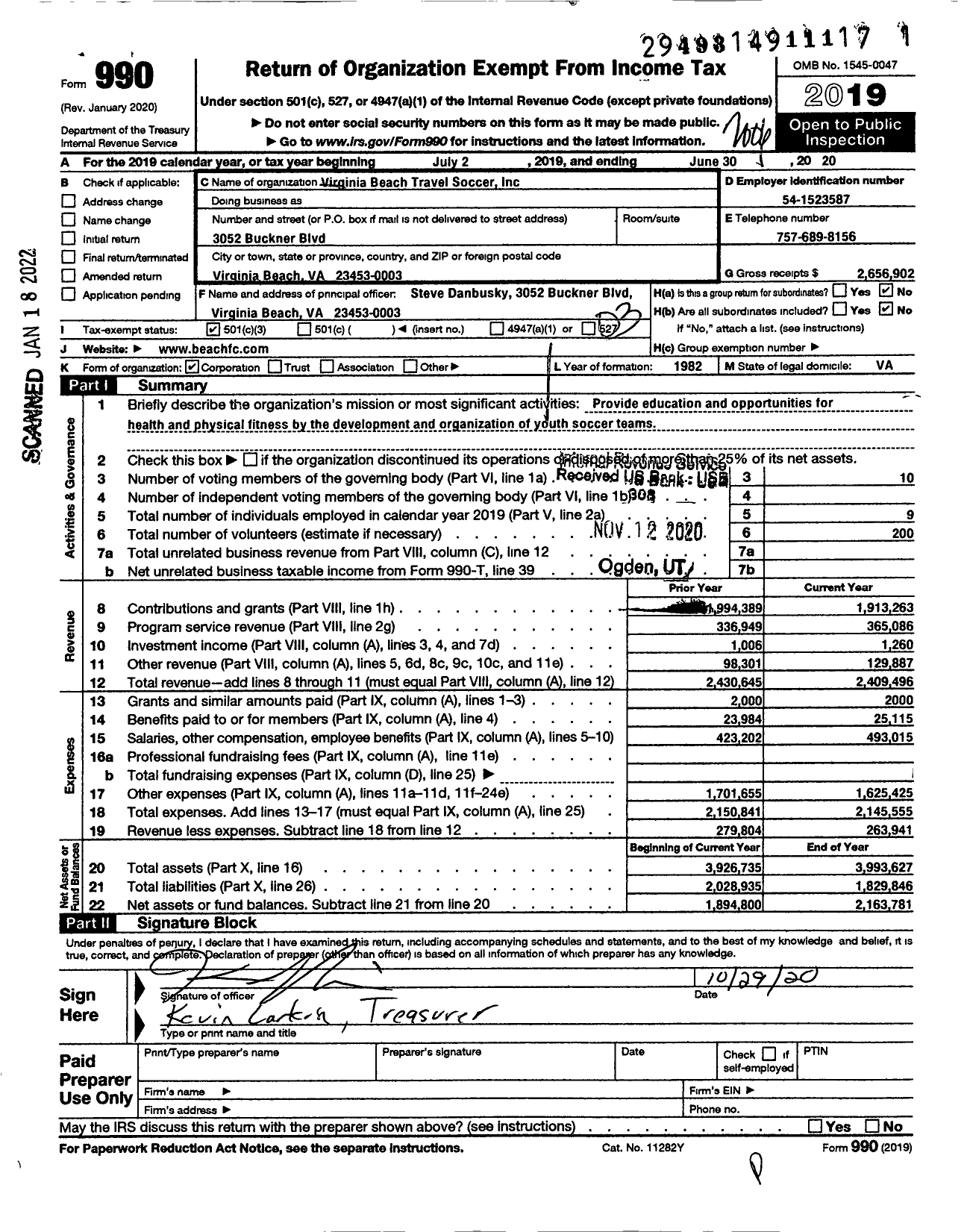 Image of first page of 2019 Form 990 for Virgina Beach Travel Soccer