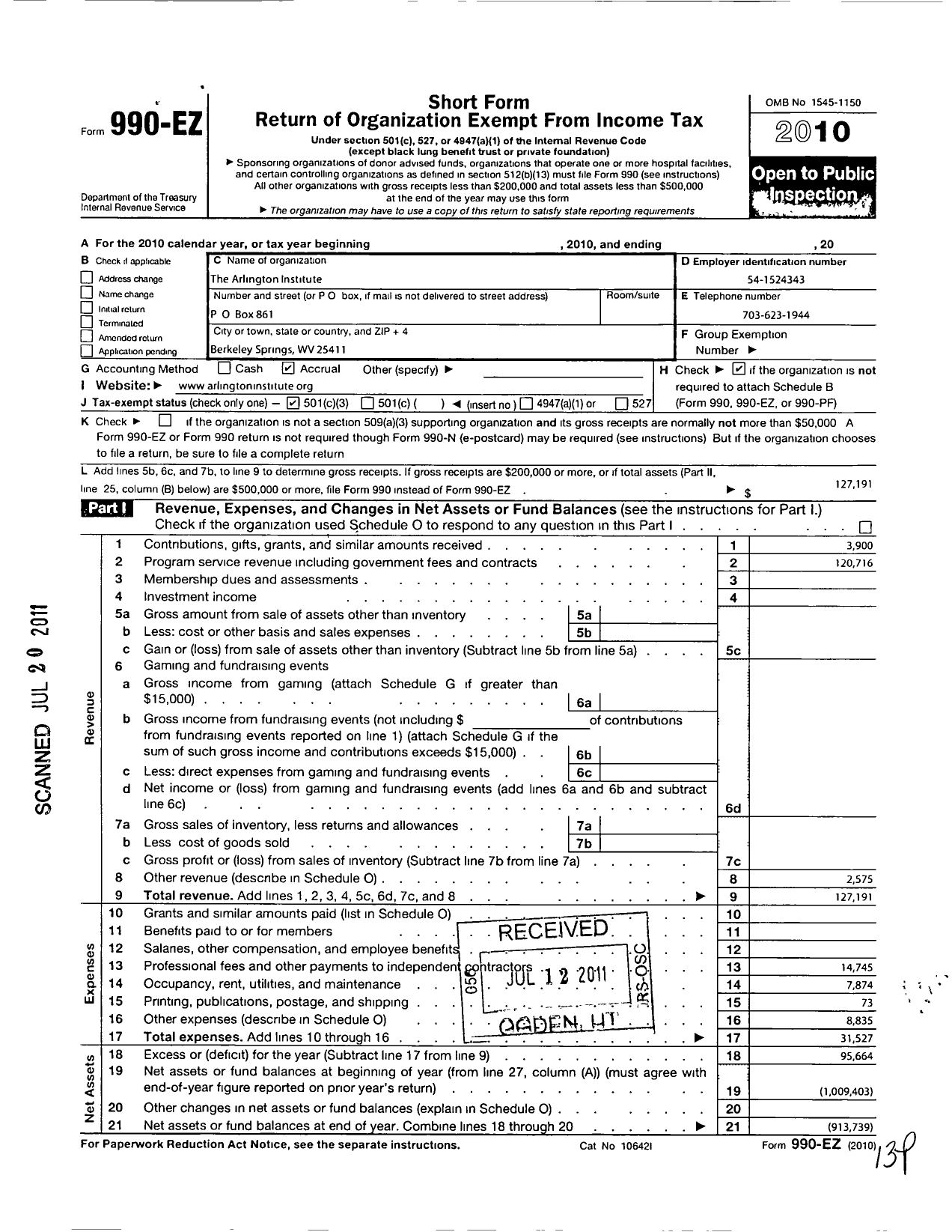 Image of first page of 2010 Form 990EZ for The Arlington Institute