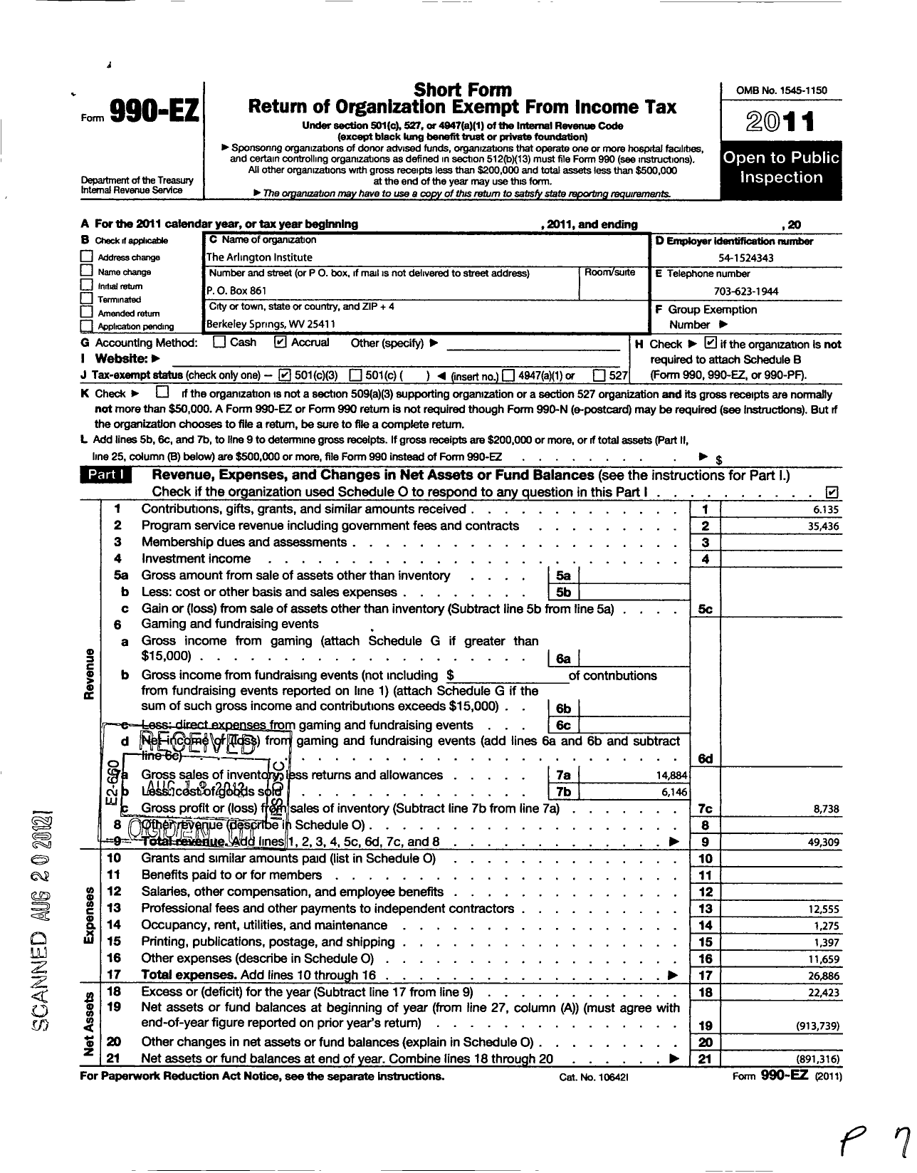 Image of first page of 2011 Form 990EZ for The Arlington Institute