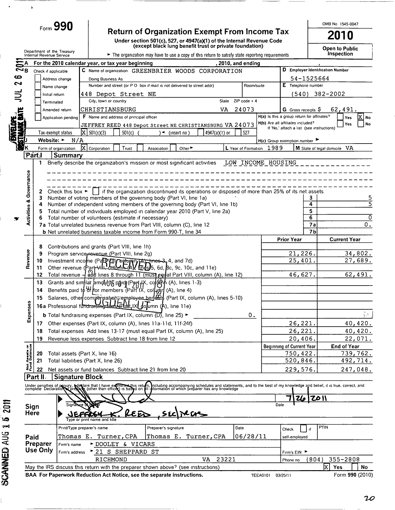 Image of first page of 2010 Form 990 for Greenbrier Woods Corporation