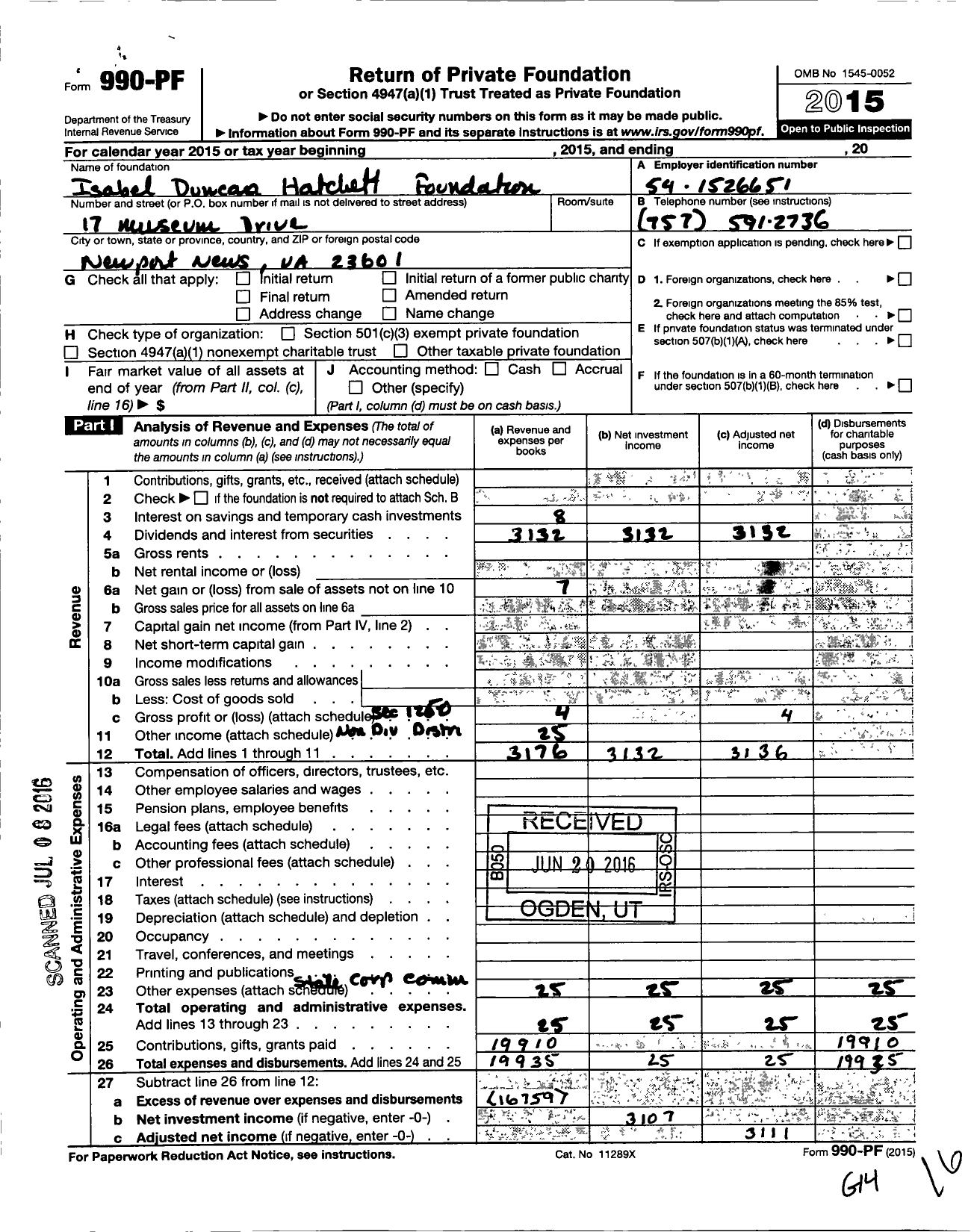 Image of first page of 2015 Form 990PF for The Isabel Duncan Hatchett Foundation