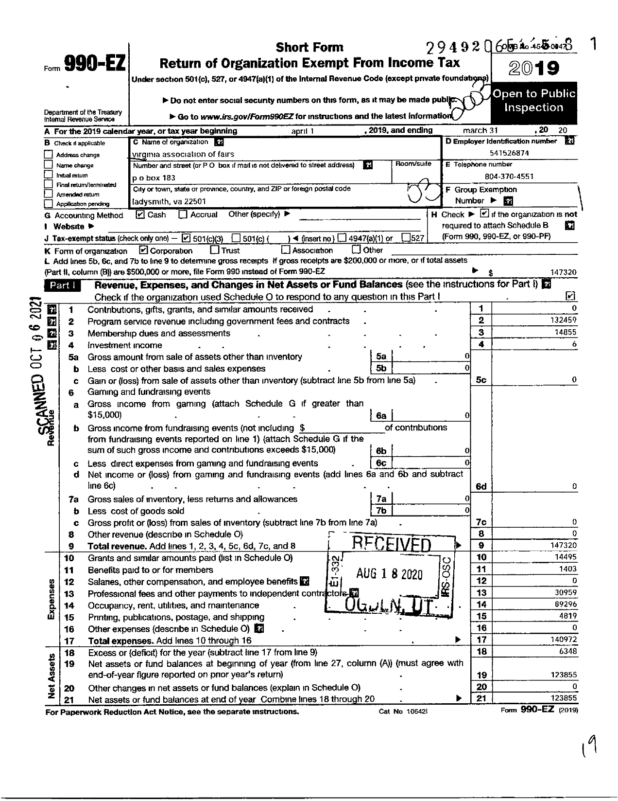 Image of first page of 2019 Form 990EZ for Virginia Association of Fairs