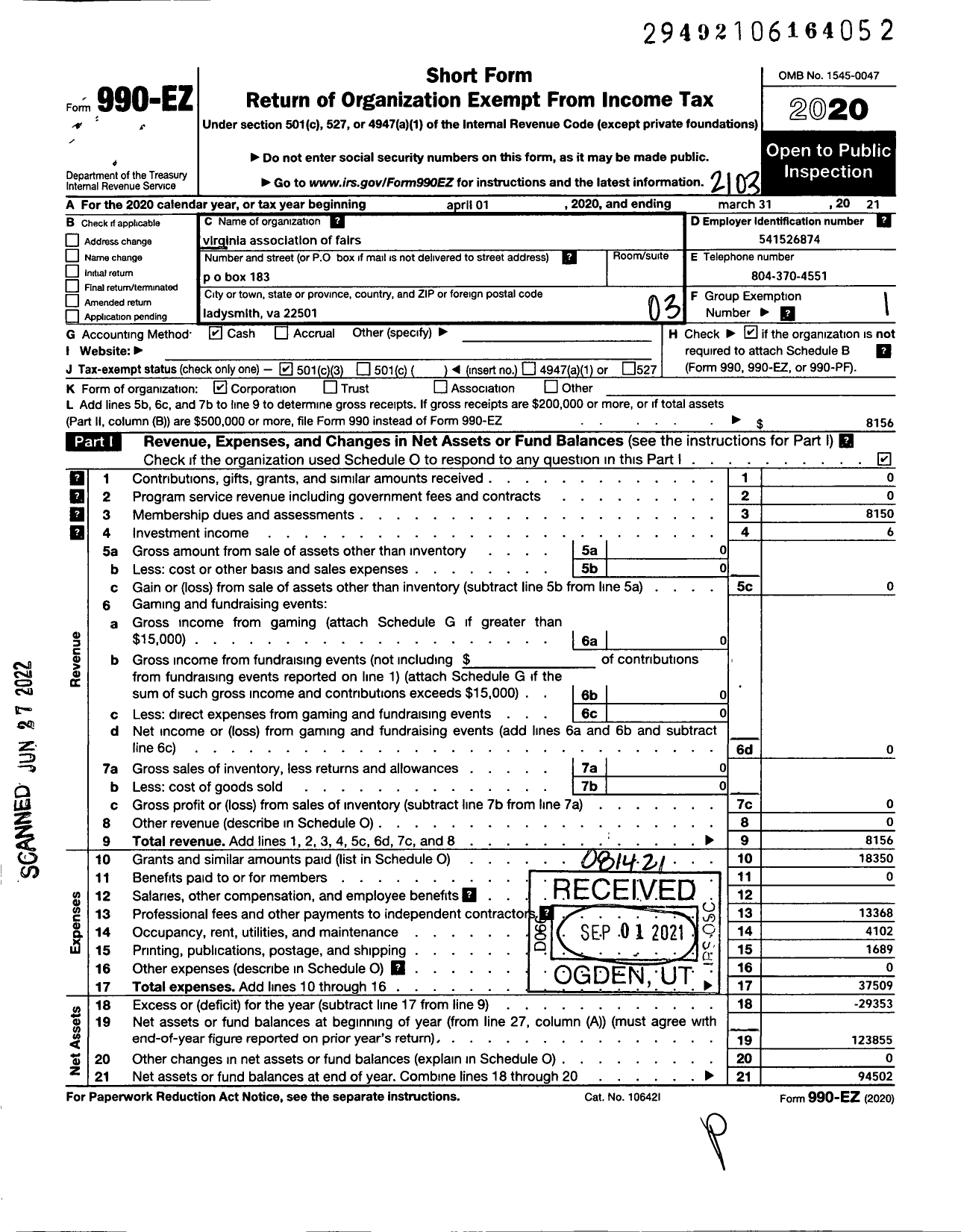 Image of first page of 2020 Form 990EZ for Virginia Association of Fairs