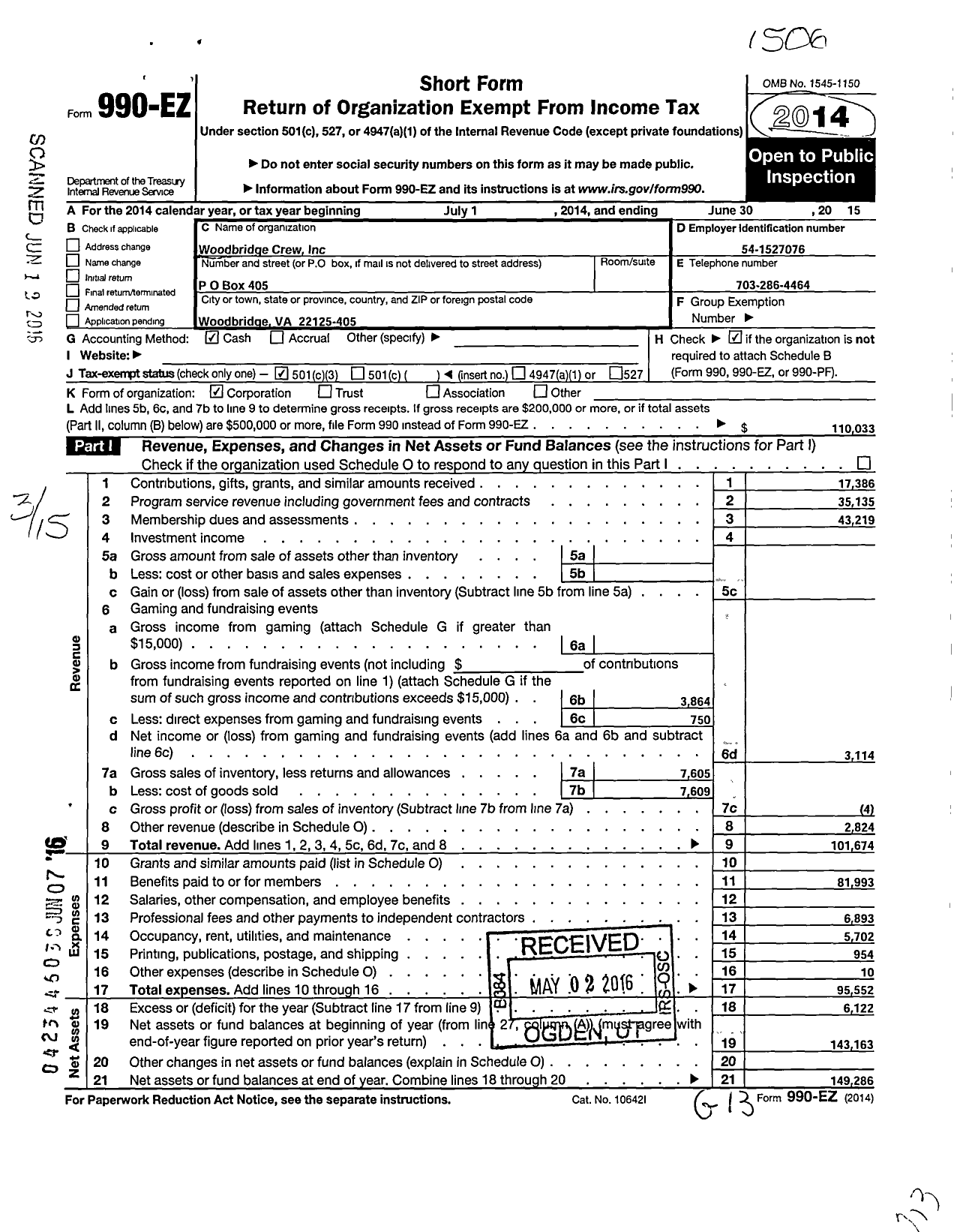 Image of first page of 2014 Form 990EZ for Woodbridge Crew