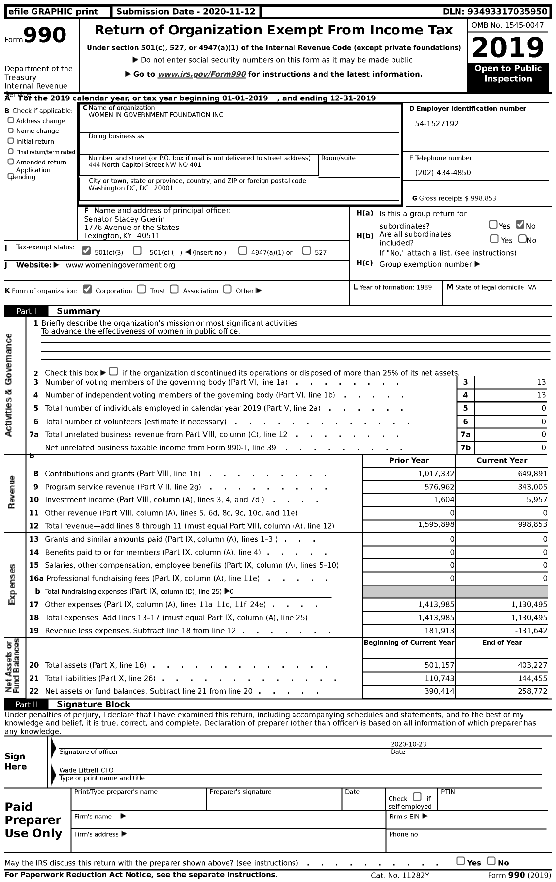 Image of first page of 2019 Form 990 for Women in Government Foundation
