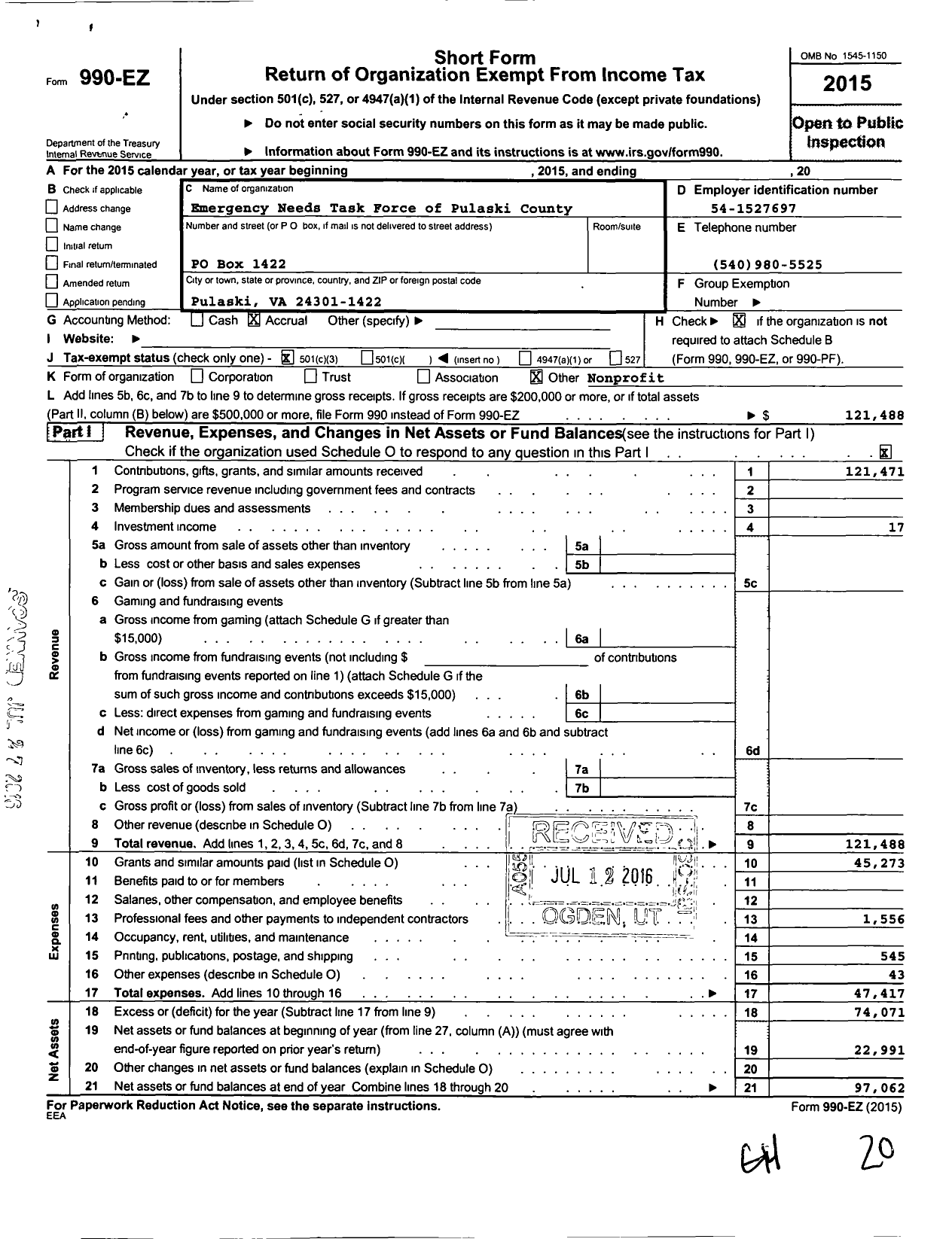 Image of first page of 2015 Form 990EZ for Emergency Needs Task Force of Pulaski County