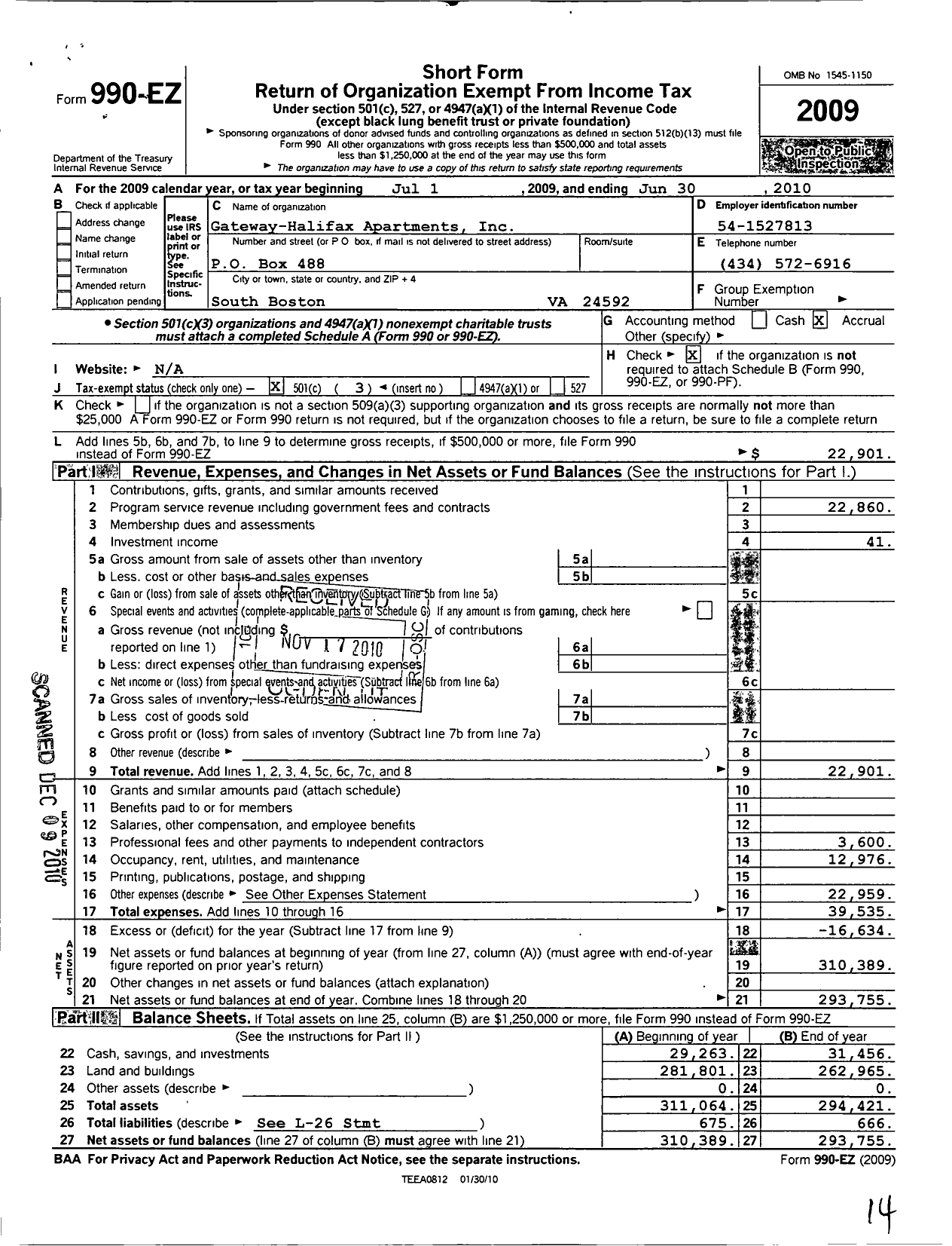 Image of first page of 2009 Form 990EZ for Gateway-Halifax Apartments