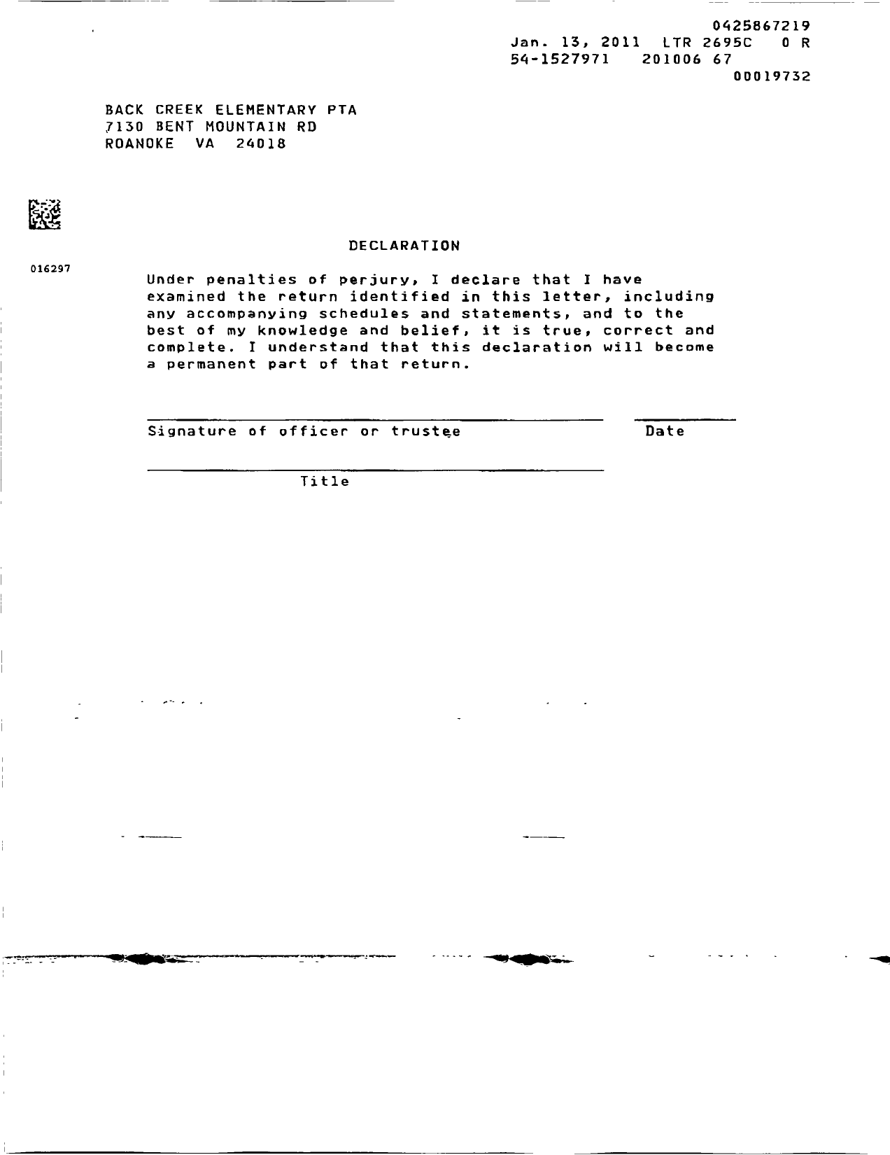 Image of first page of 2009 Form 990ER for Virginia PTA - Back Creek Elem PTA