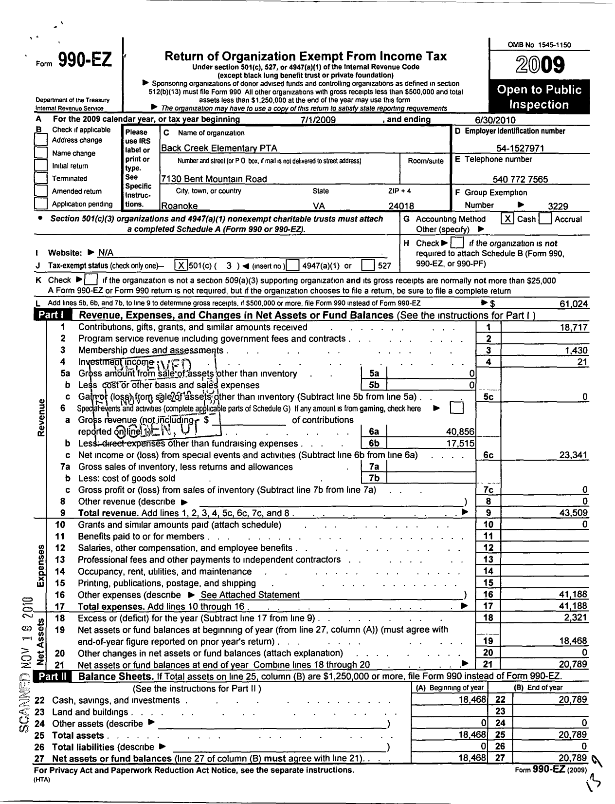 Image of first page of 2009 Form 990EZ for Virginia PTA - Back Creek Elem PTA