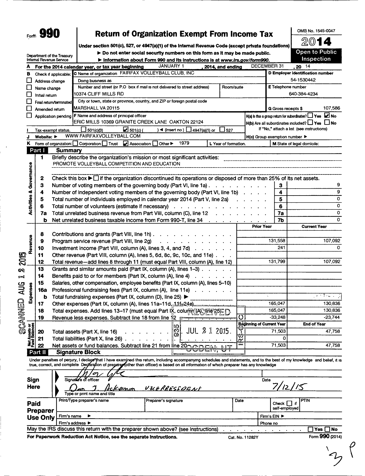 Image of first page of 2014 Form 990O for Fairfax Volleyball Club