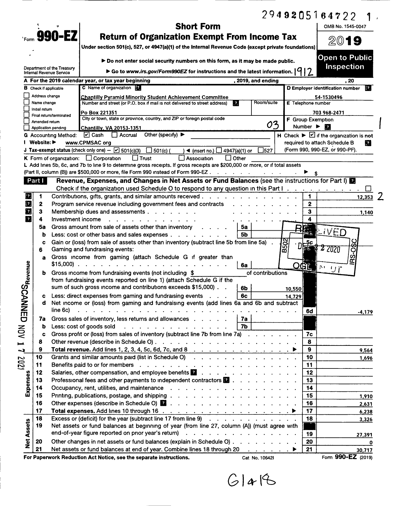 Image of first page of 2019 Form 990EZ for Chantilly Pyramid Minority Student Achievement Committee