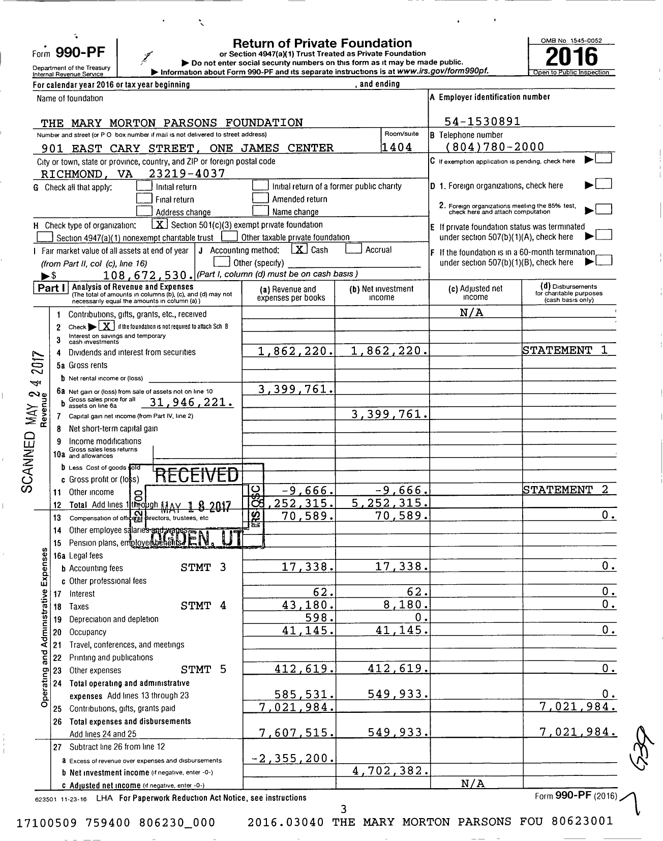 Image of first page of 2016 Form 990PF for The Mary Morton Parsons Foundation