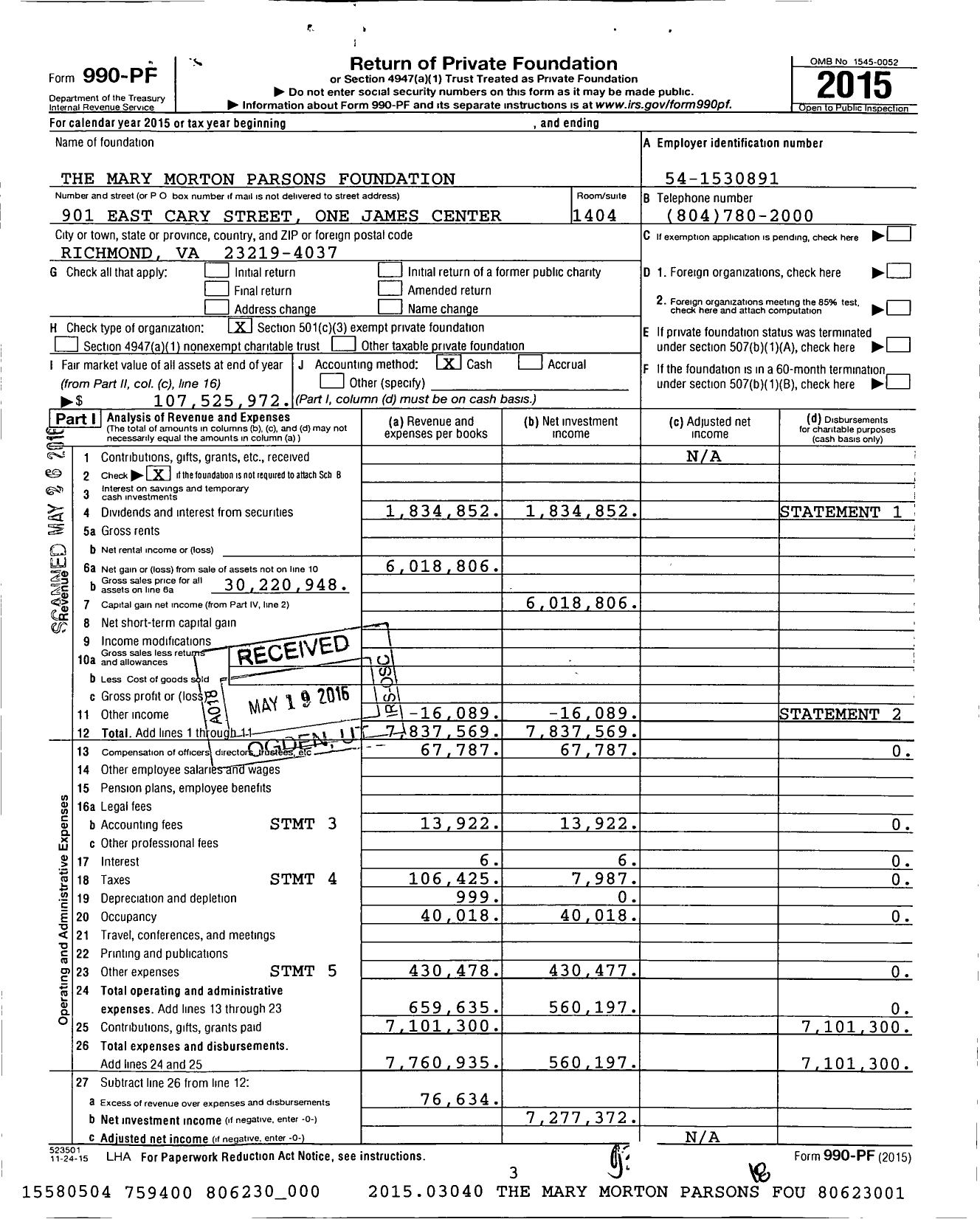 Image of first page of 2015 Form 990PF for The Mary Morton Parsons Foundation