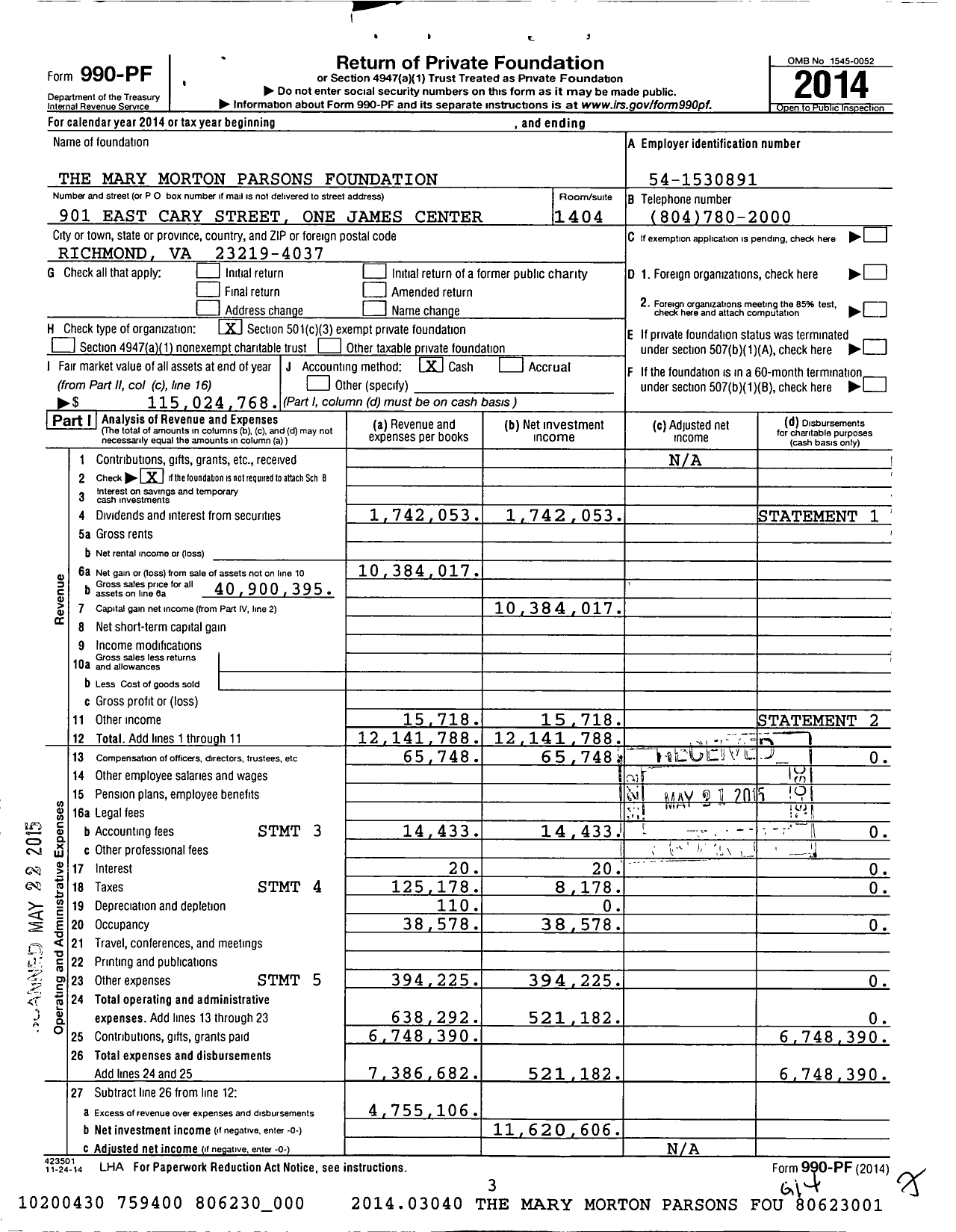 Image of first page of 2014 Form 990PF for The Mary Morton Parsons Foundation