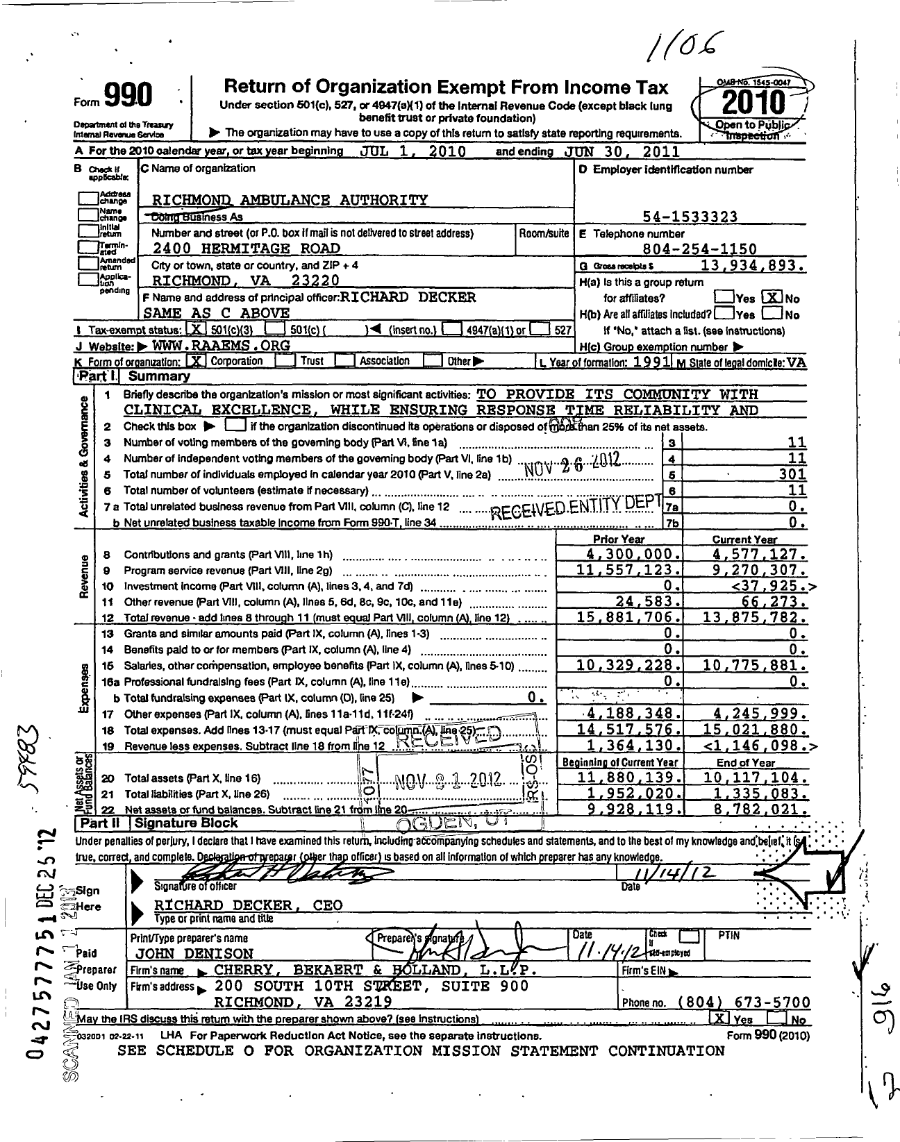 Image of first page of 2010 Form 990 for Richmond Ambulance Authority (RAA)