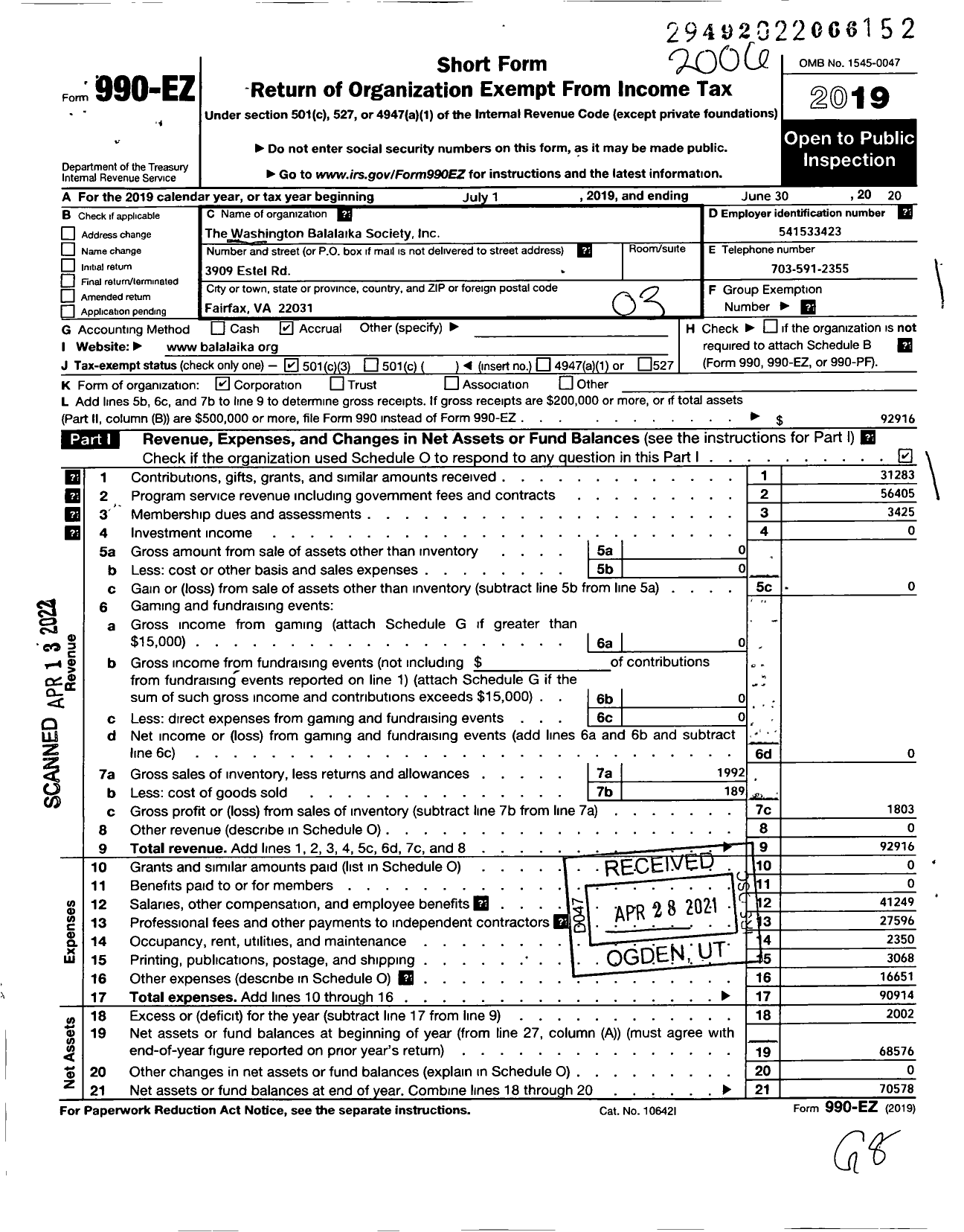 Image of first page of 2019 Form 990EZ for The Washington Balalaika Society