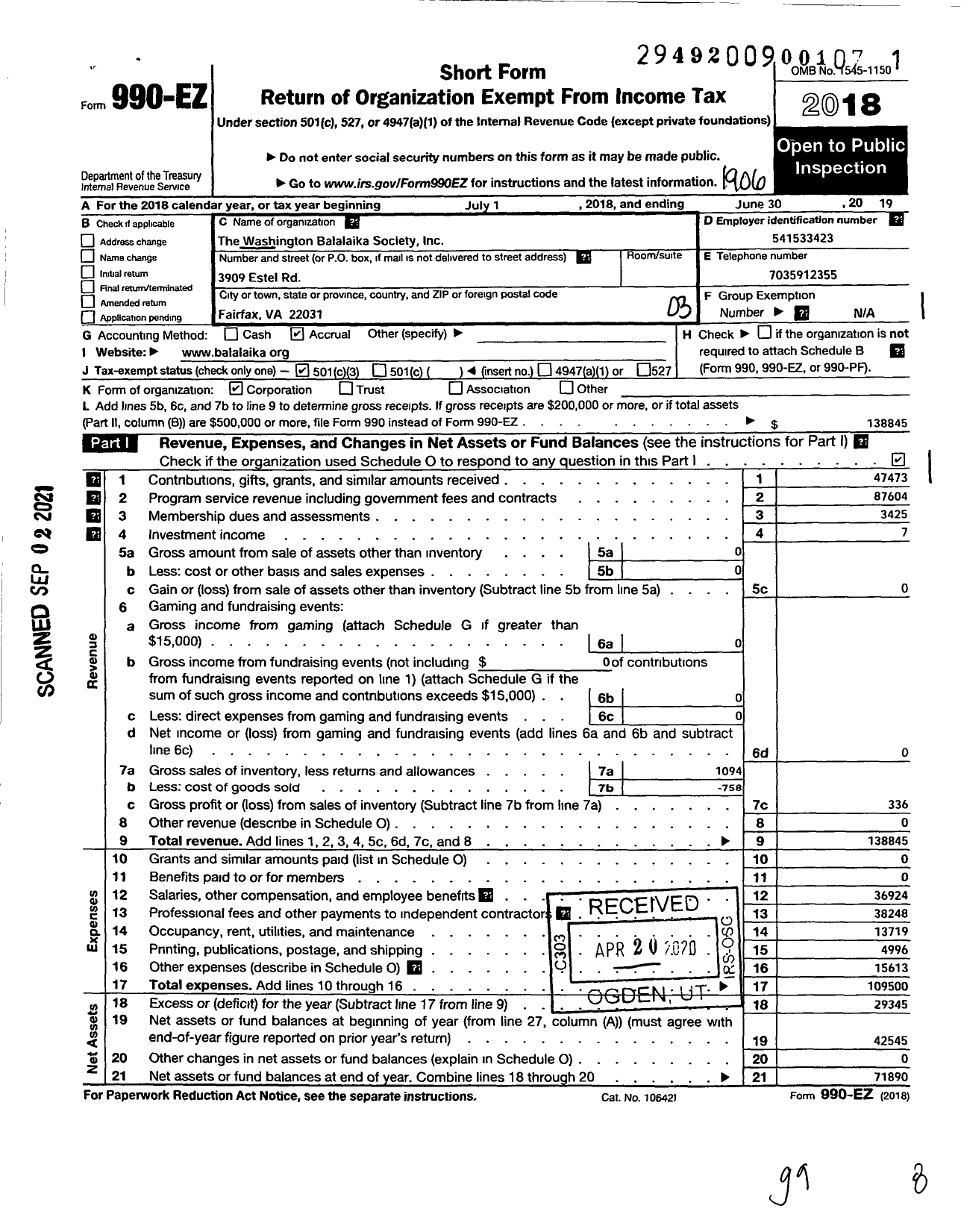 Image of first page of 2018 Form 990EZ for The Washington Balalaika Society