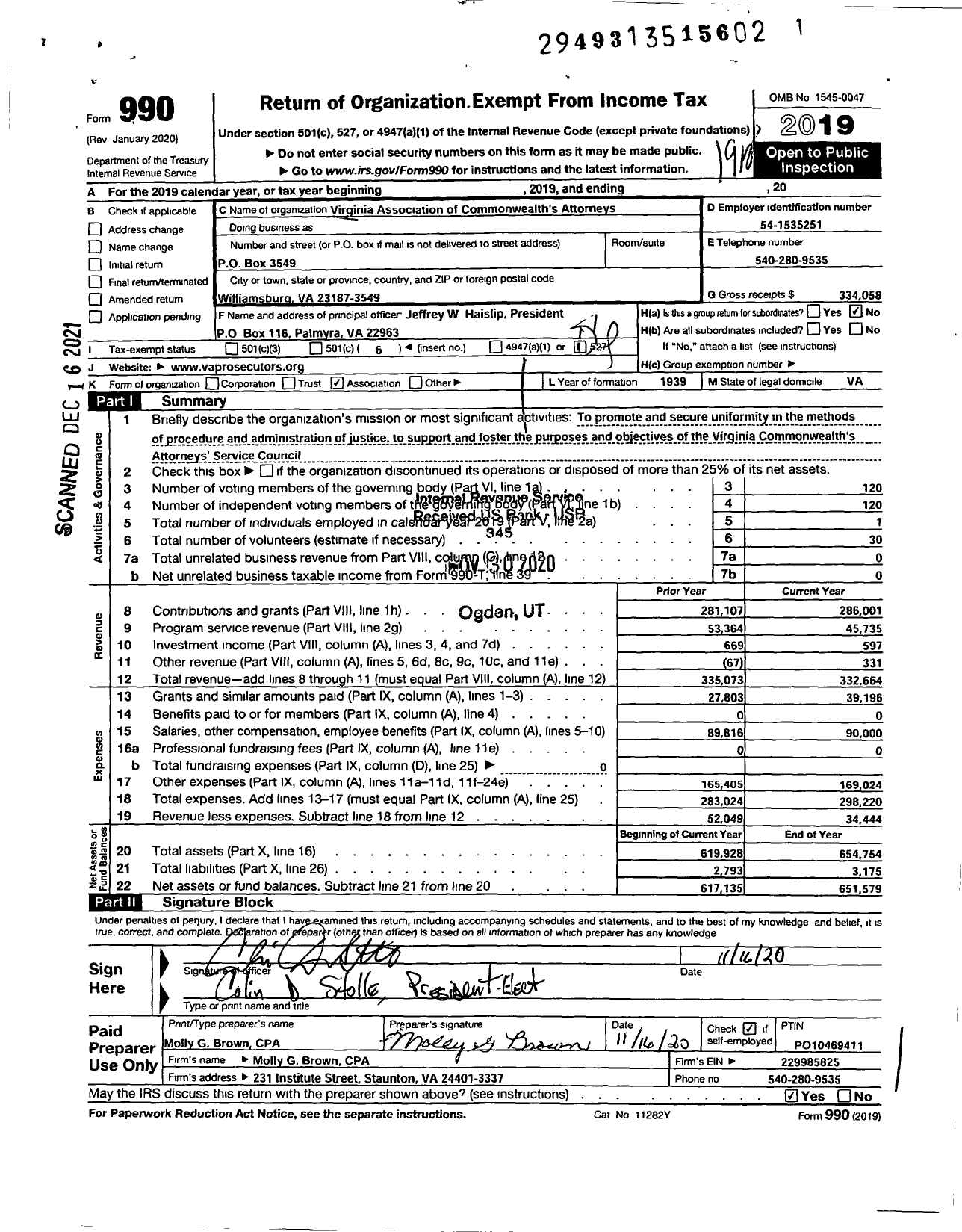 Image of first page of 2019 Form 990O for Virginia Association of Commonwealths Attorneys