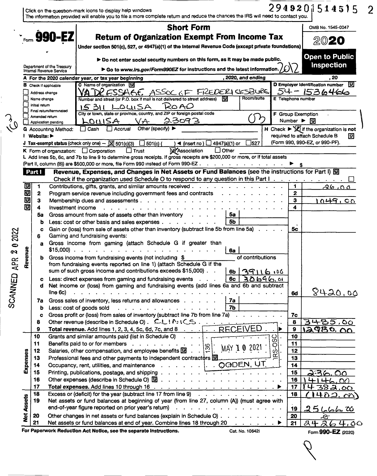 Image of first page of 2020 Form 990EZ for Virginia Dressage Association of Fredericksburg