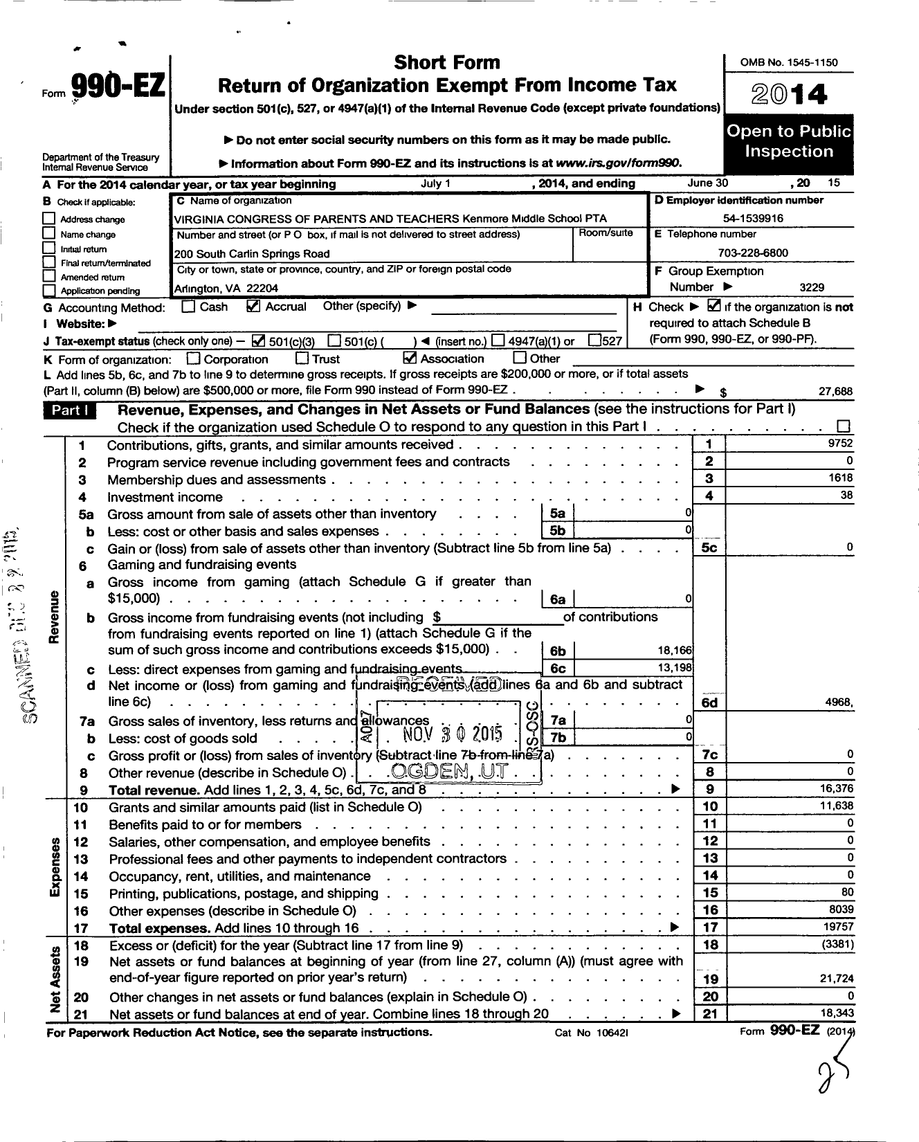 Image of first page of 2014 Form 990EZ for Virginia PTA - Kenmore Middle School PTA