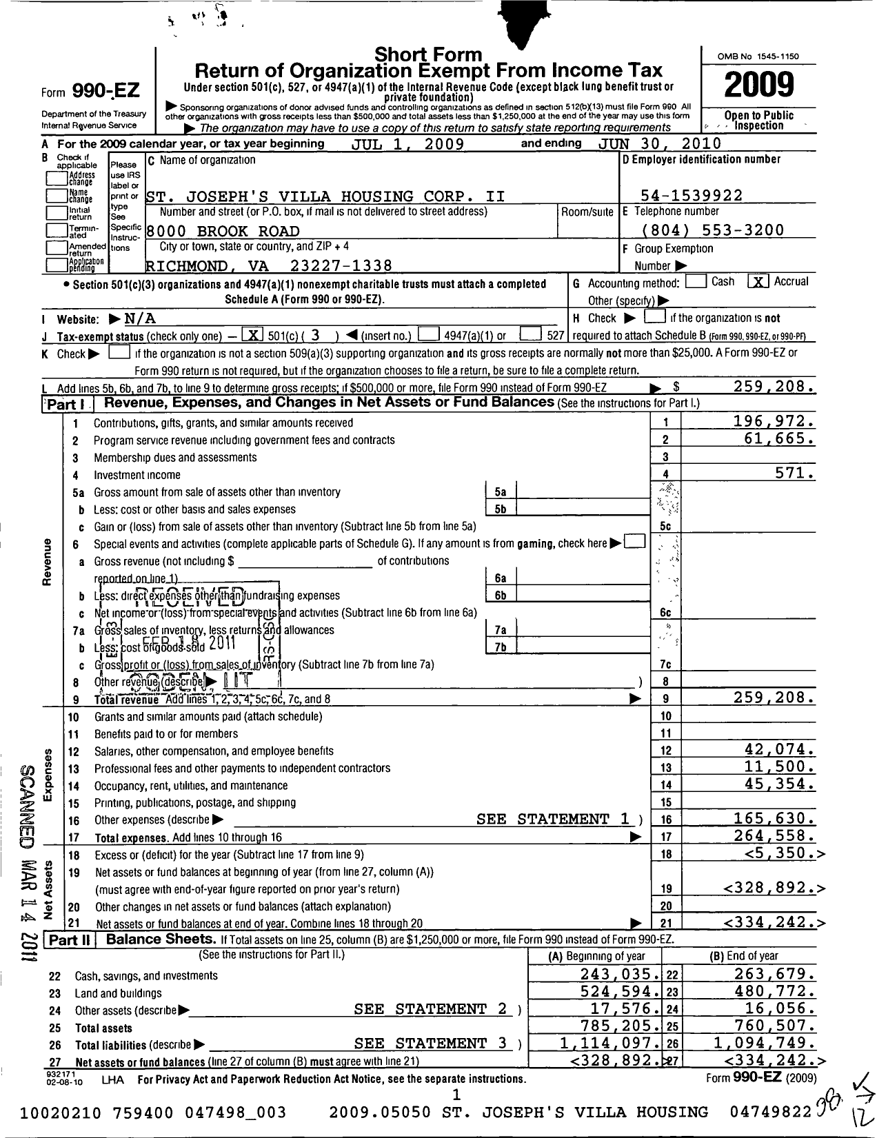 Image of first page of 2009 Form 990EZ for St Josephs Villa Housing Corp Ii