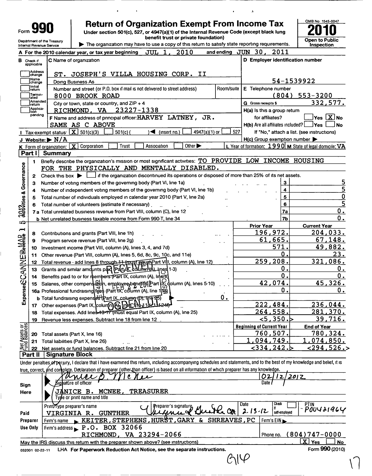 Image of first page of 2010 Form 990 for St Josephs Villa Housing Corp Ii