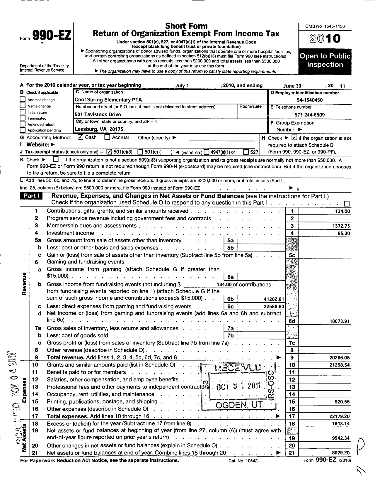 Image of first page of 2010 Form 990EZ for Virginia PTA - Cool Spring Elem PTA