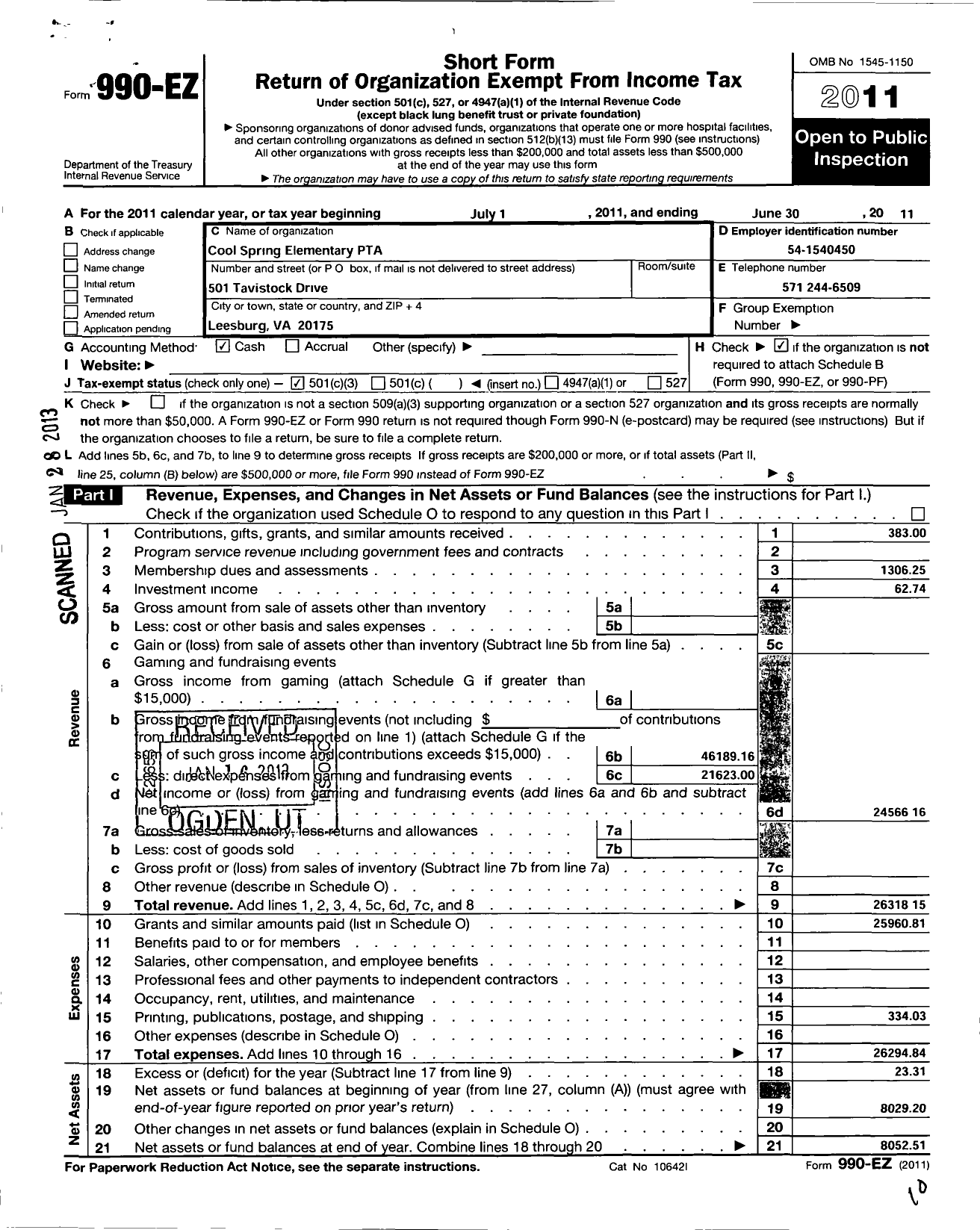 Image of first page of 2010 Form 990EZ for Virginia PTA - Cool Spring Elem PTA