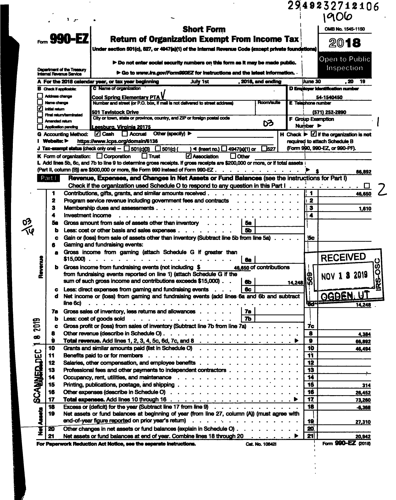 Image of first page of 2018 Form 990EZ for Virginia PTA - Cool Spring Elem PTA