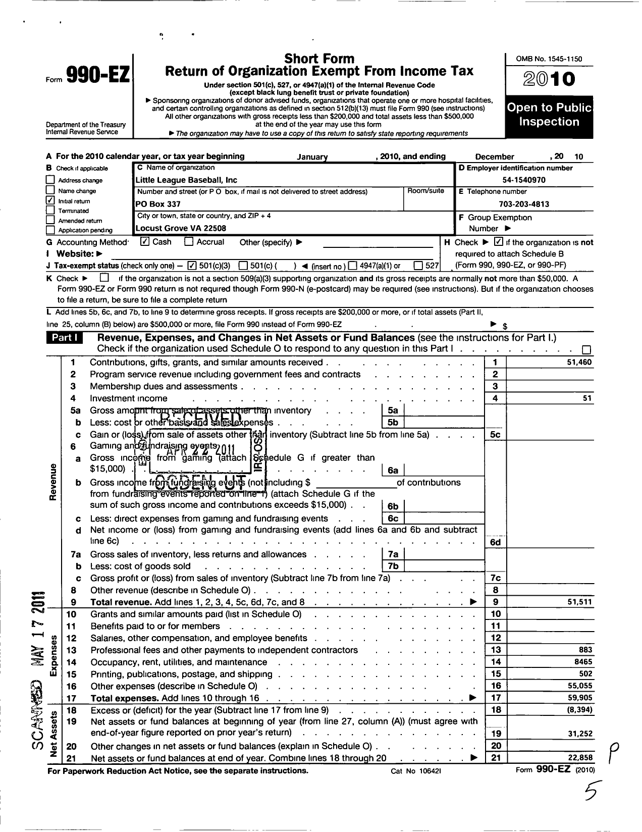 Image of first page of 2010 Form 990EZ for Little League Baseball - 3461408 East Orange County LL