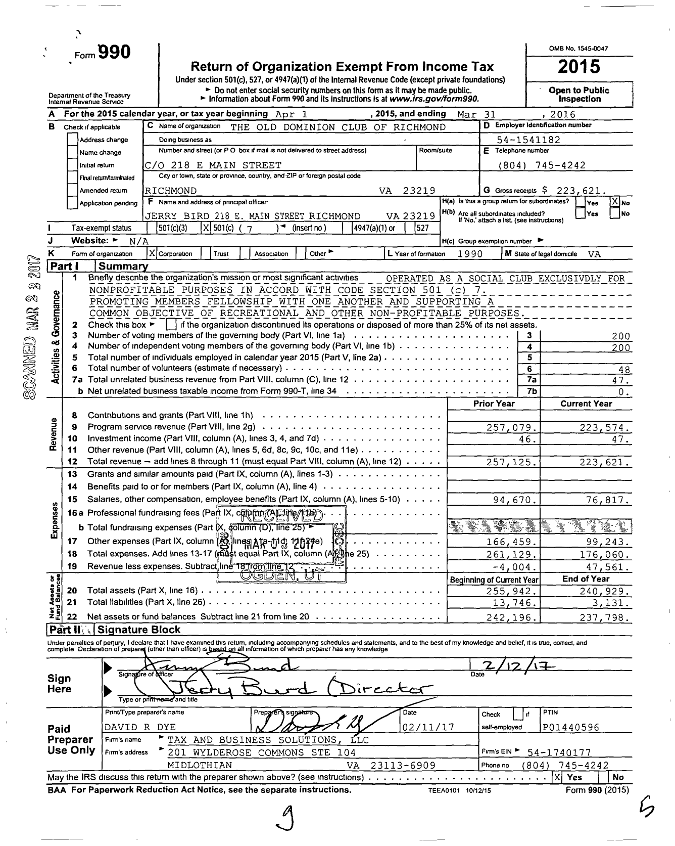 Image of first page of 2015 Form 990O for The Old Dominion Club of Richmond