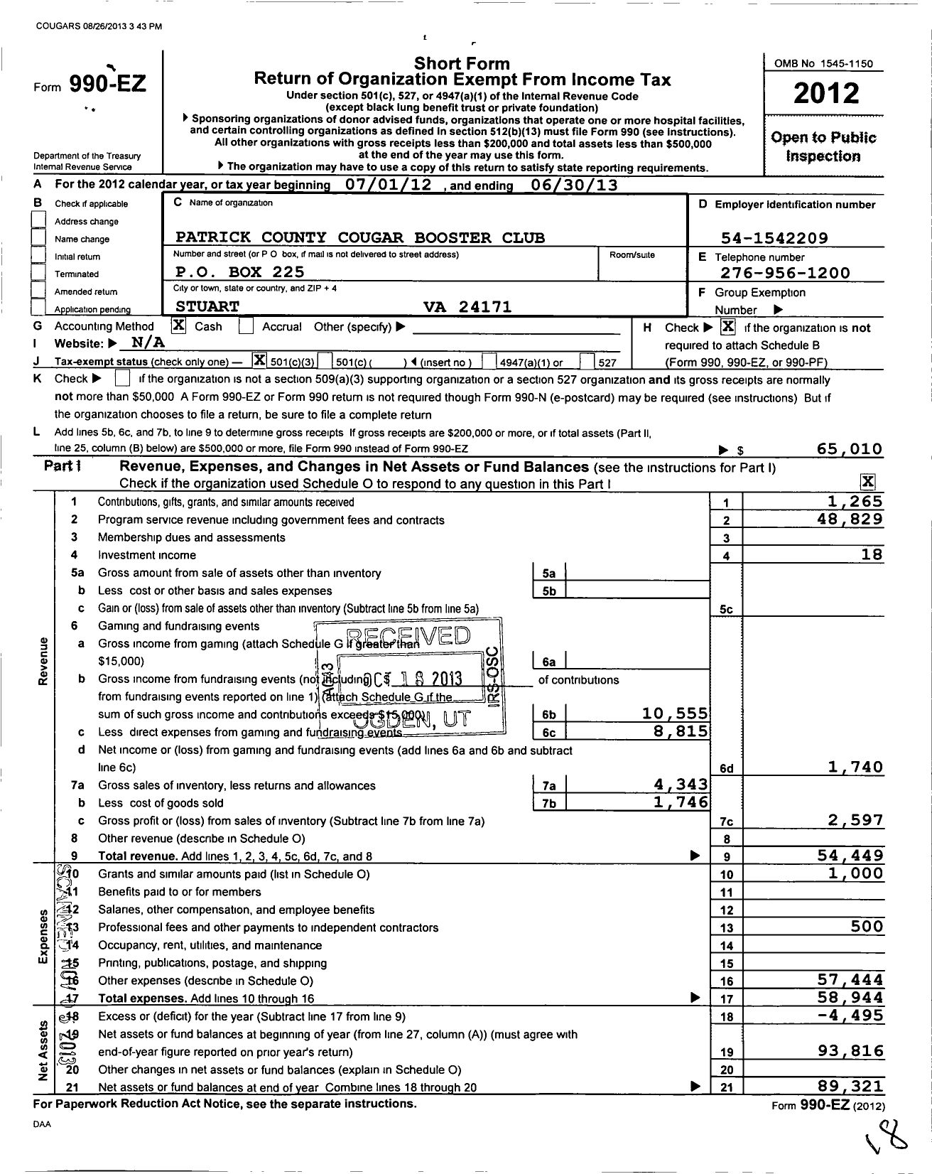 Image of first page of 2012 Form 990EZ for Patrick County Cougar Booster Club