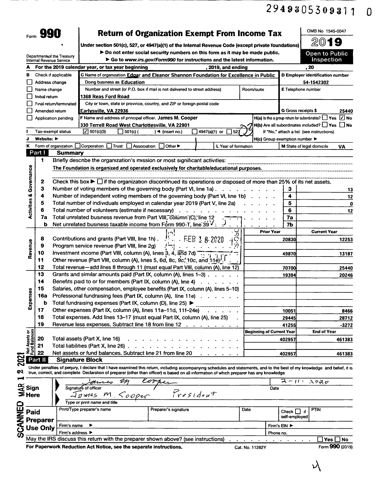 Image of first page of 2019 Form 990 for The Edgar and Eleanor Shannon Foundation for Excellence in Public Education