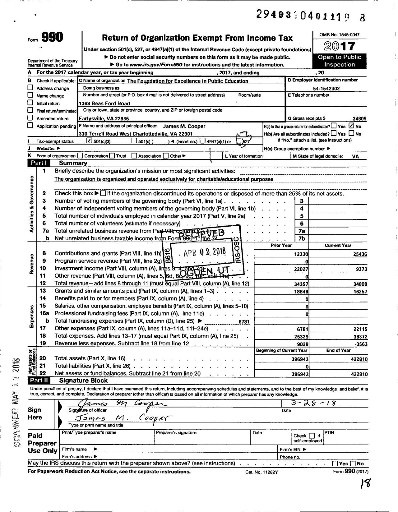 Image of first page of 2017 Form 990 for The Edgar and Eleanor Shannon Foundation for Excellence in Public Education