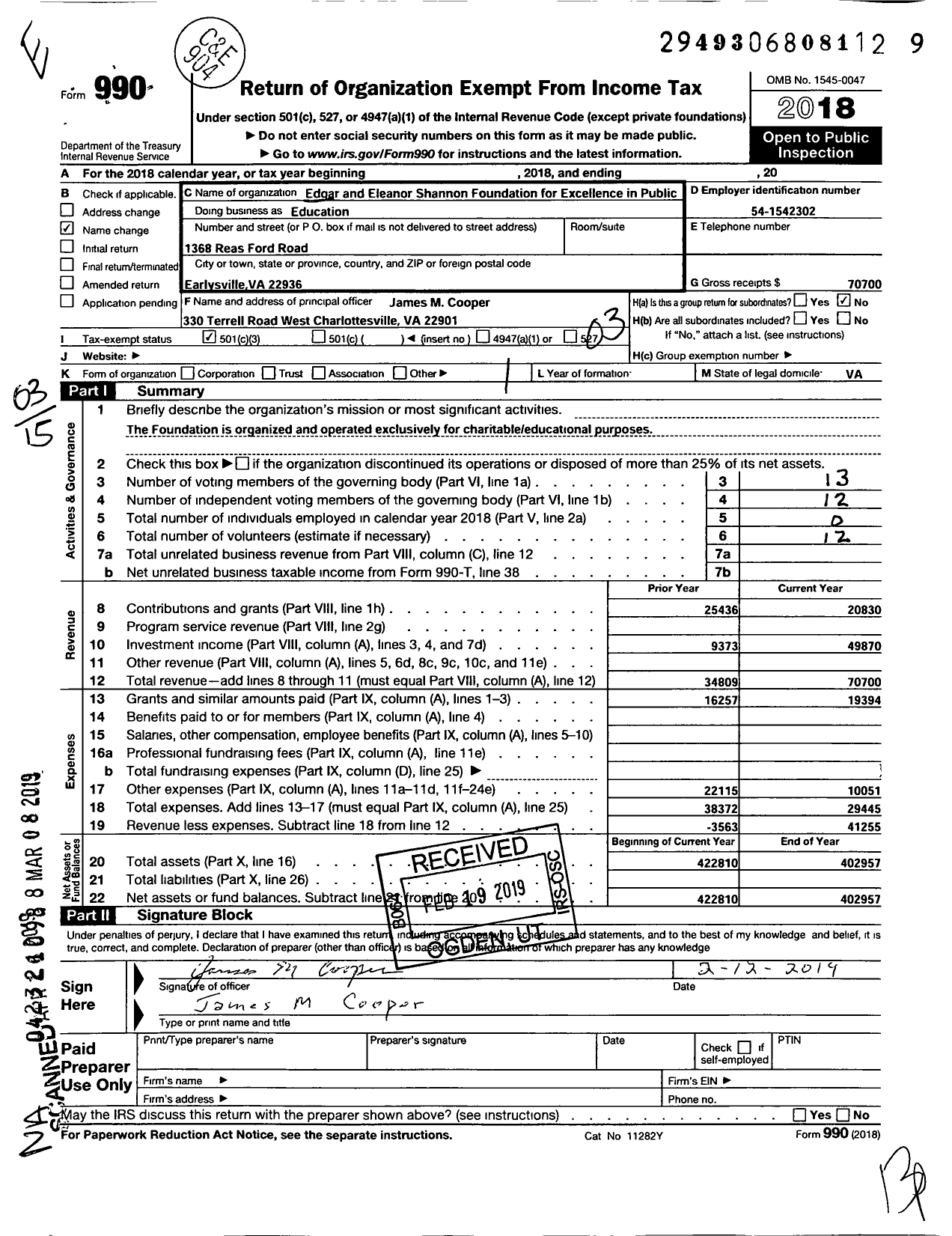 Image of first page of 2018 Form 990 for The Edgar and Eleanor Shannon Foundation for Excellence in Public Education