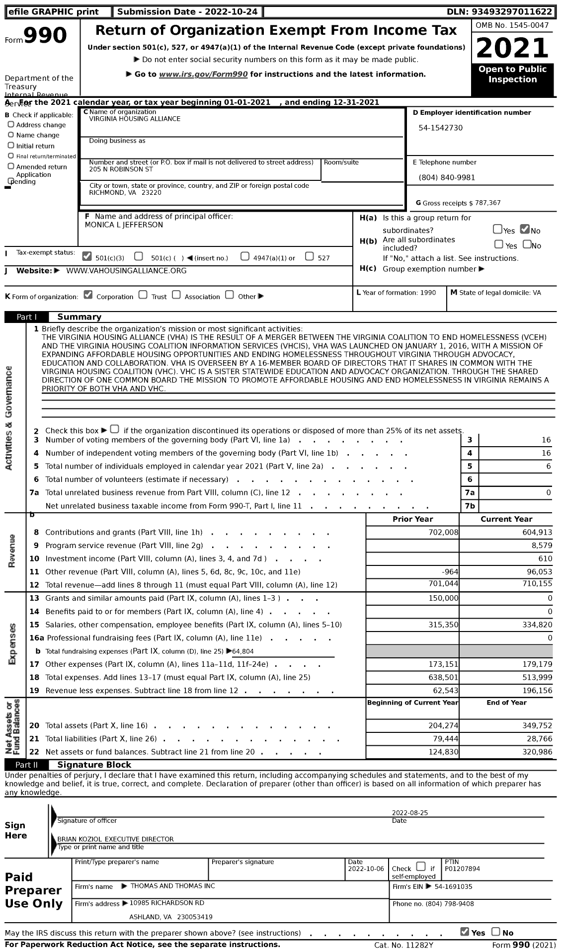 Image of first page of 2021 Form 990 for Virginia Housing Alliance