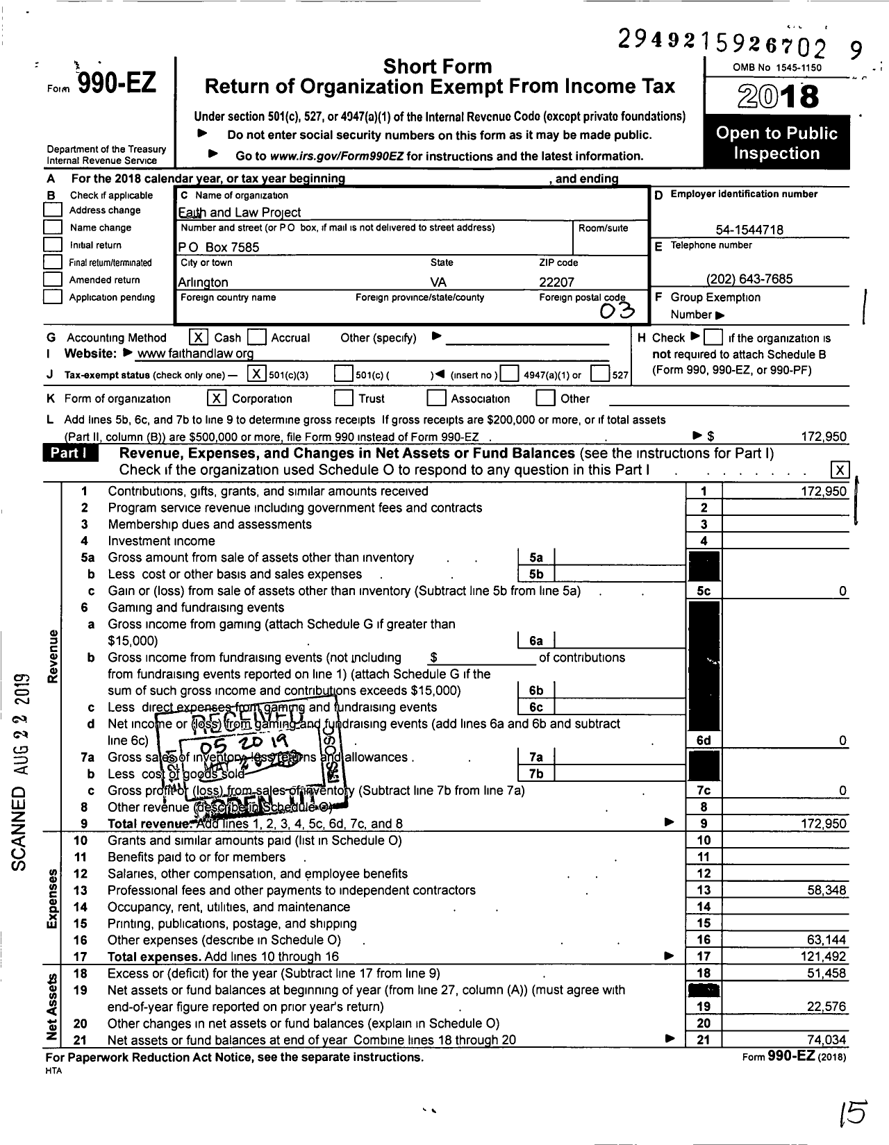 Image of first page of 2018 Form 990EZ for Faith and Law