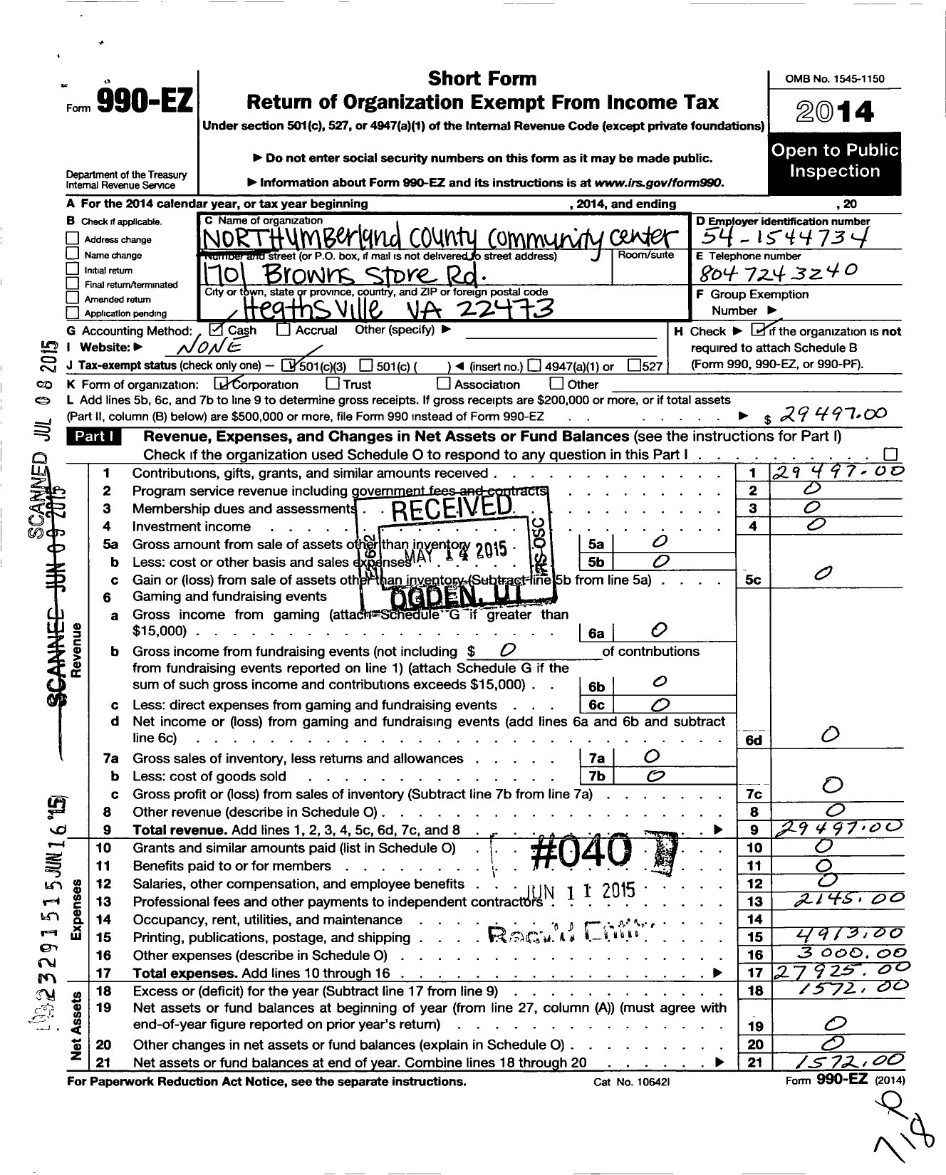 Image of first page of 2014 Form 990EZ for Northumberland County Community Center Organization Incorporated