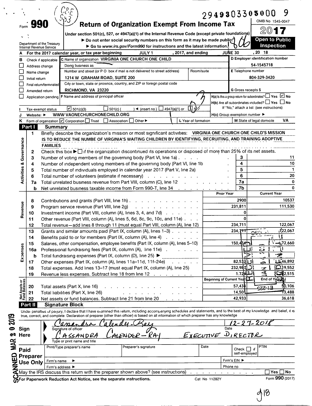 Image of first page of 2017 Form 990 for Virginias One Church One Child