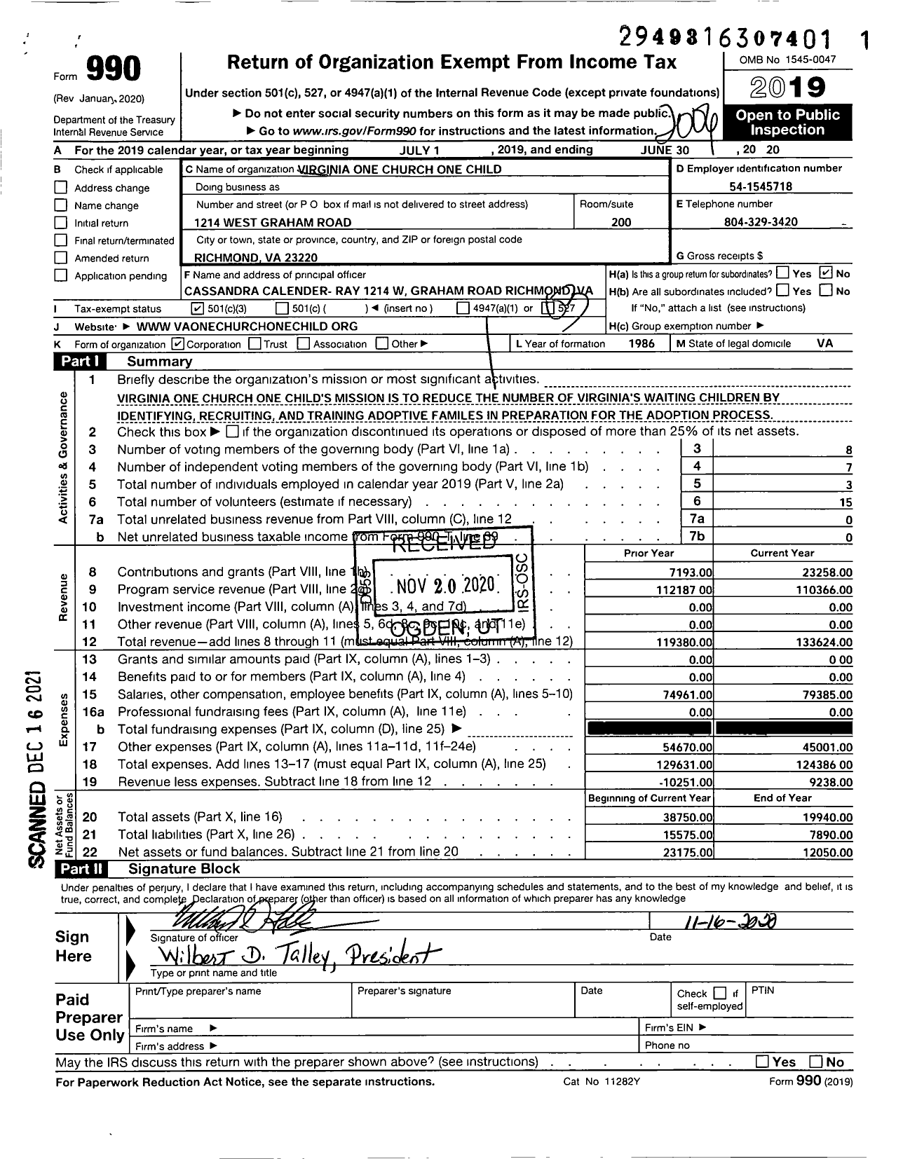 Image of first page of 2019 Form 990 for Virginias One Church One Child