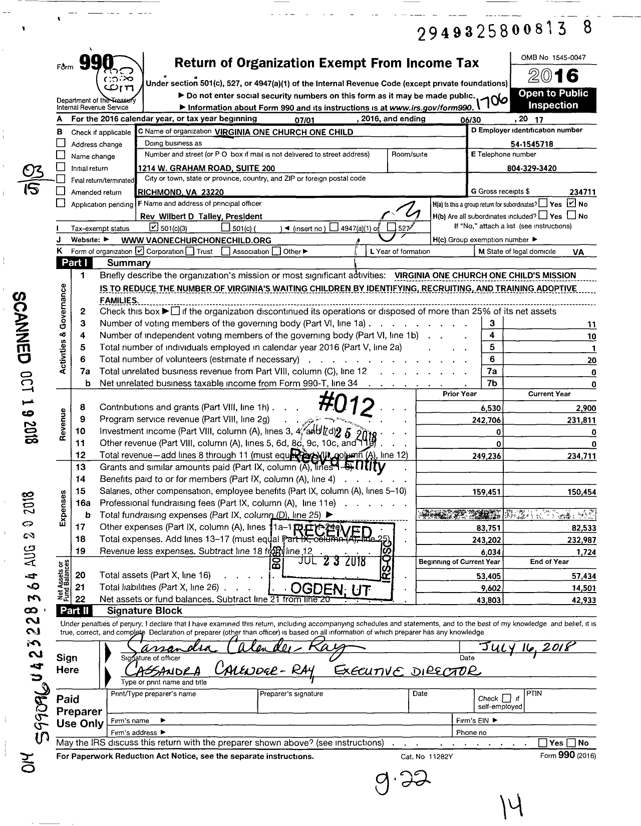 Image of first page of 2016 Form 990 for Virginias One Church One Child