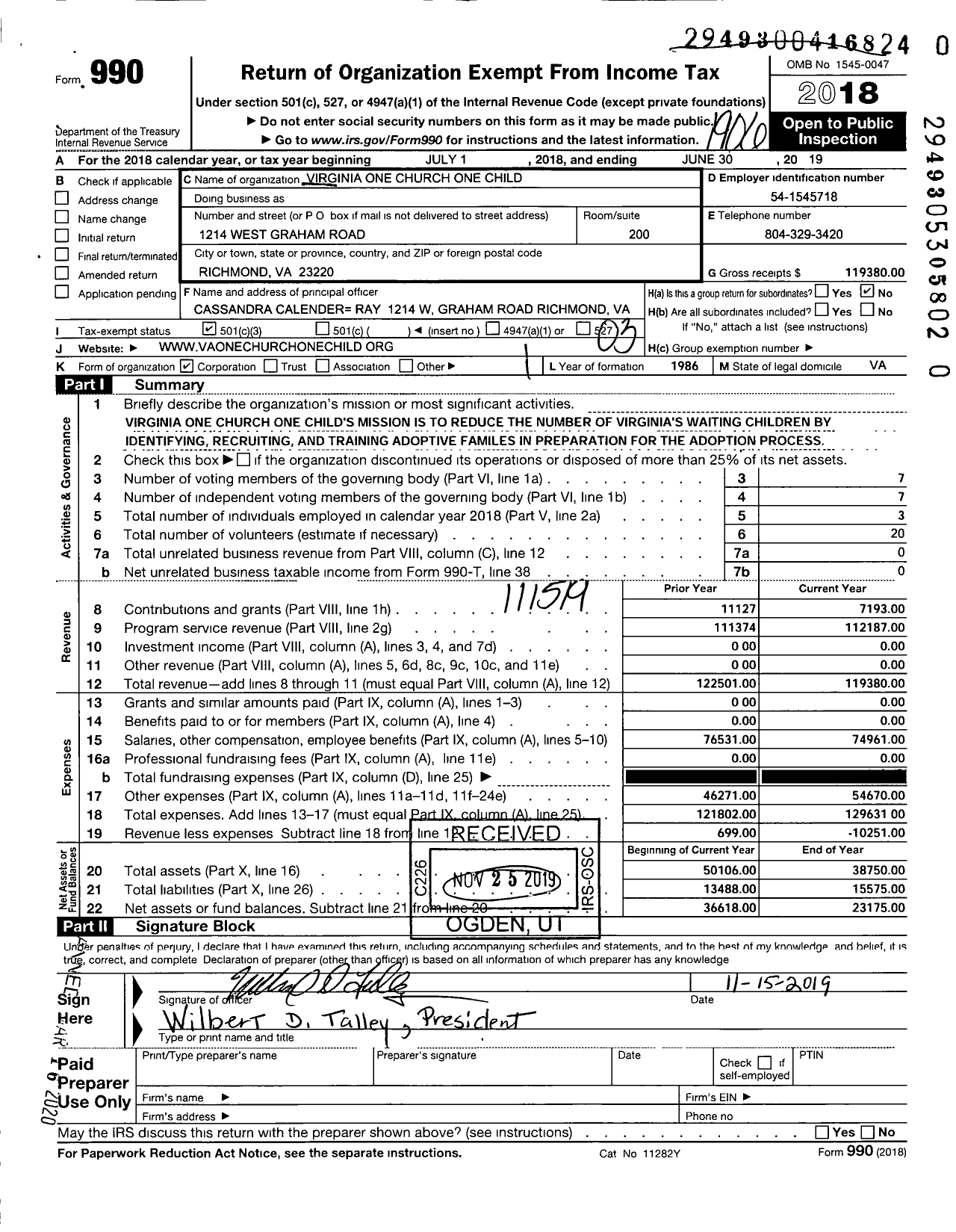 Image of first page of 2018 Form 990 for Virginias One Church One Child