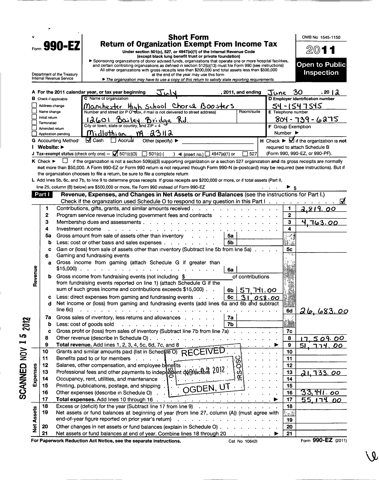 Image of first page of 2011 Form 990EZ for Manchester High School Choral Boosters