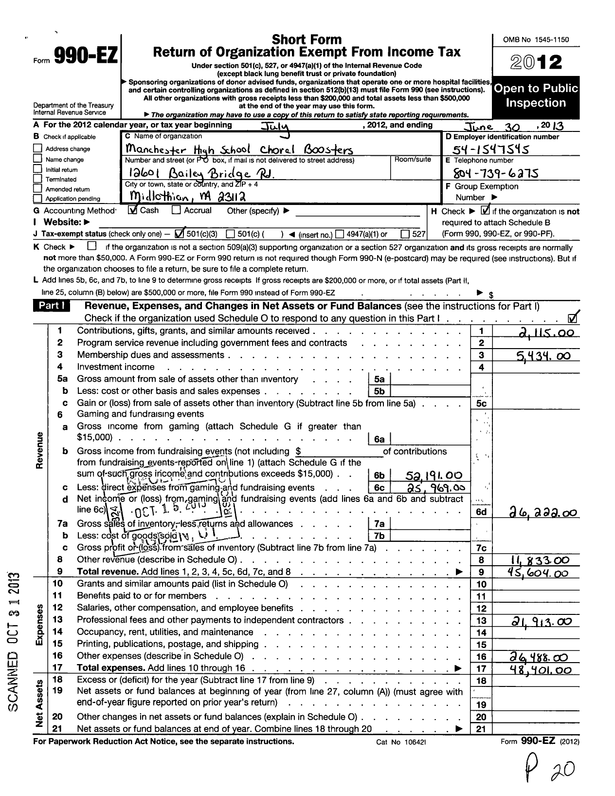 Image of first page of 2012 Form 990EZ for Manchester High School Choral Boosters