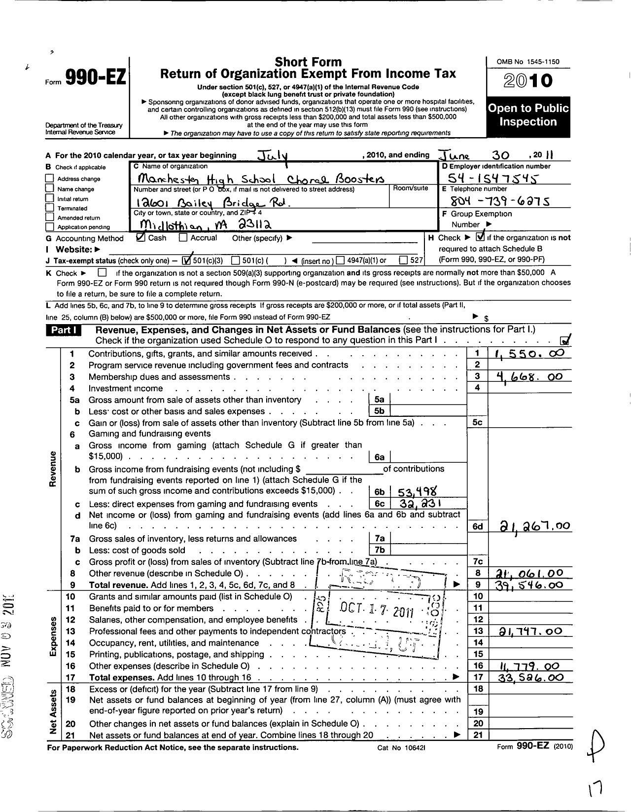 Image of first page of 2010 Form 990EZ for Manchester High School Choral Boosters