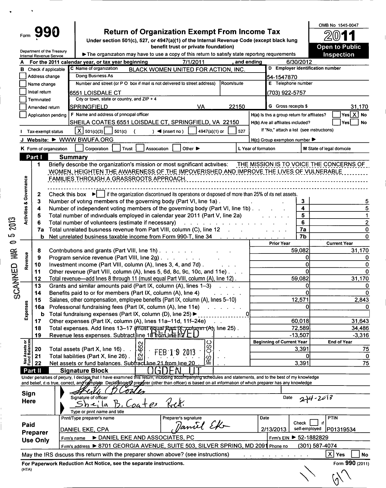 Image of first page of 2011 Form 990 for Black Women United for Action (BWUFA)