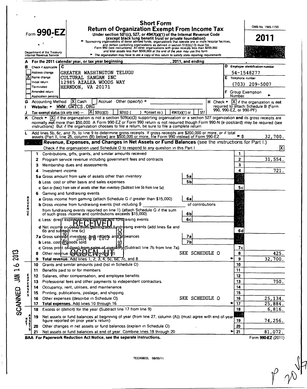 Image of first page of 2011 Form 990EZ for Greater Washington Telugu Cultural Sangam